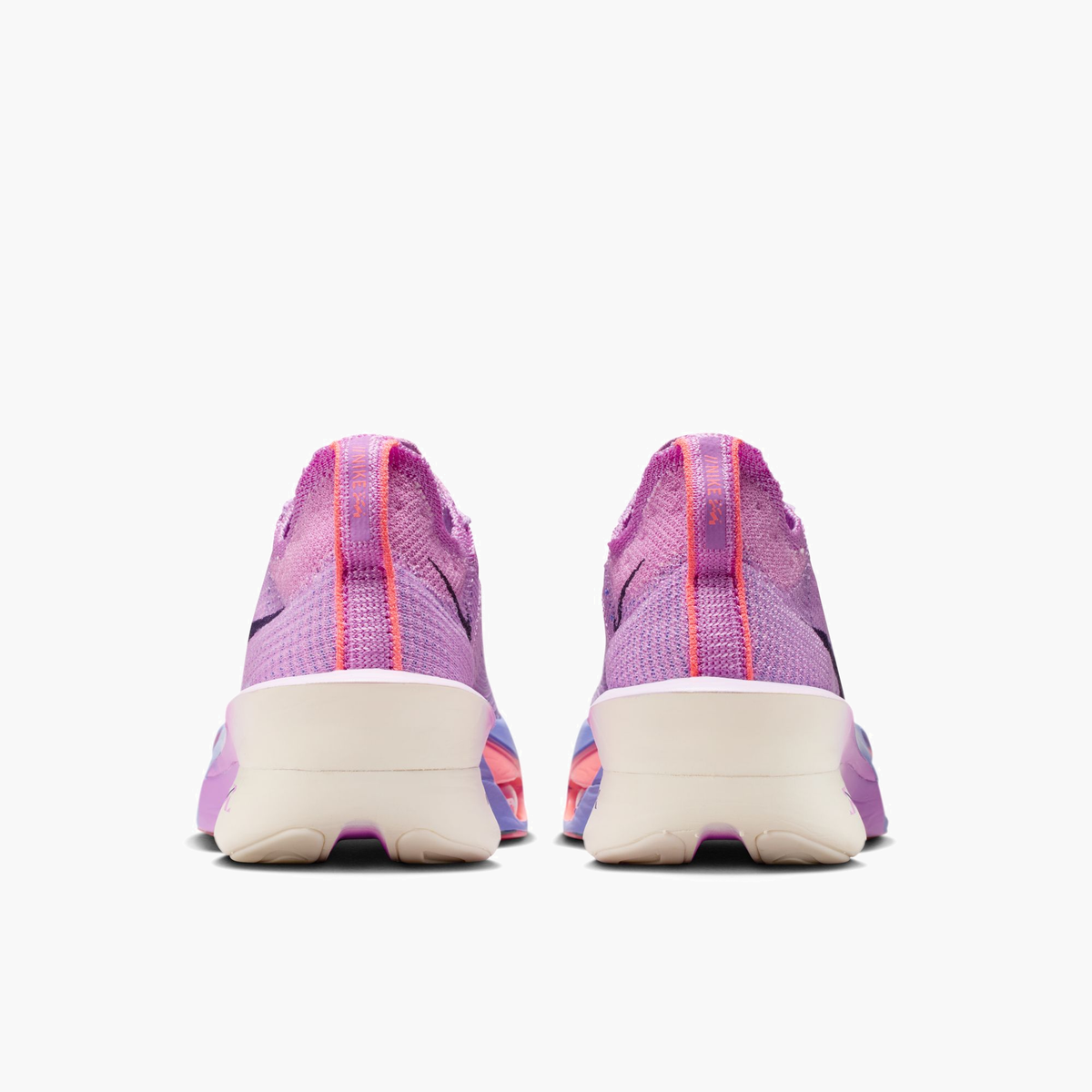 Heel angle shot of Women's Alphafly 3 in Fuchsia Glow / Purple Dynasty