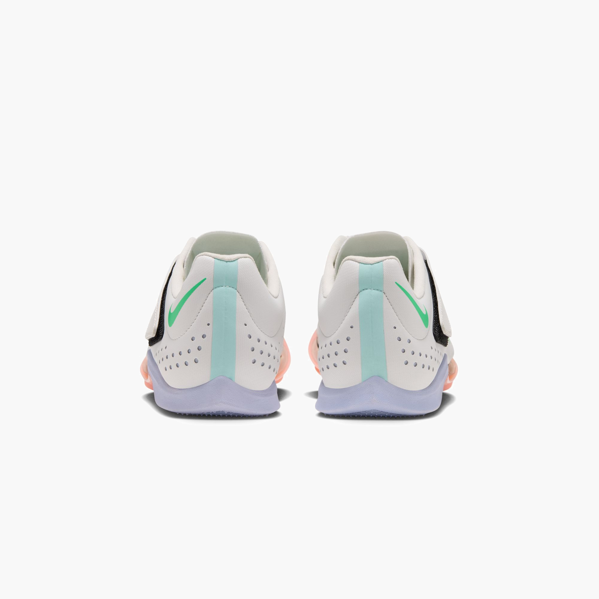 Heel angle shot of All Gender Long Jump Elite in Summit White / Electro Green-palest Purple