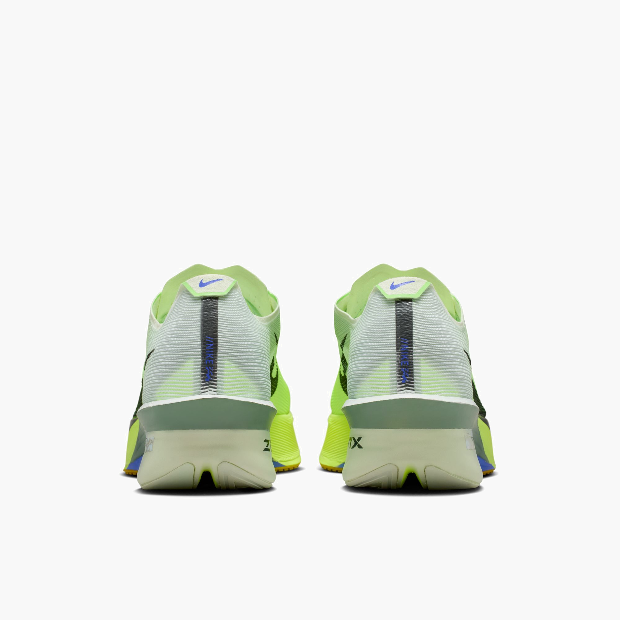 Heel angle shot of Men's Vaporfly 4 in Barely Green / Black Spruce-Volt Tint