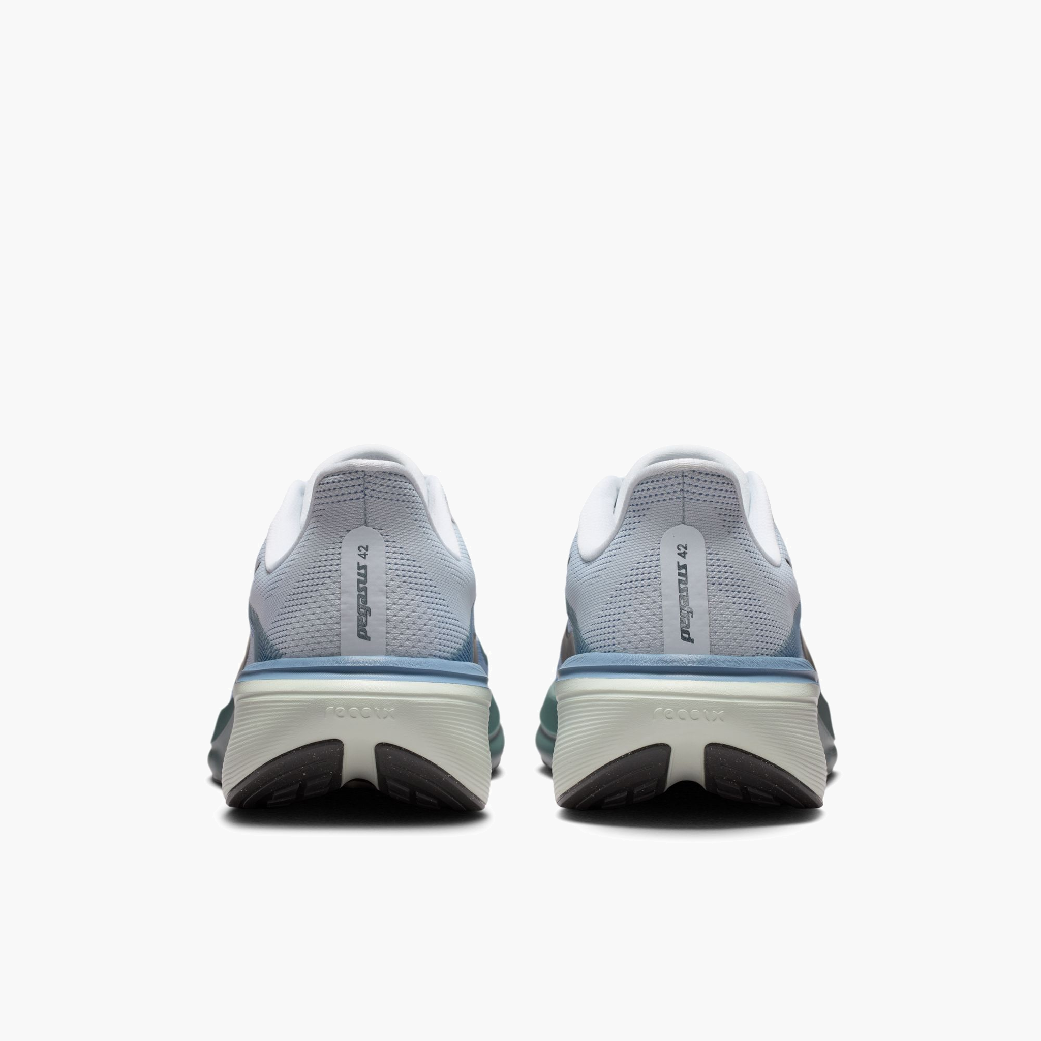 Heel angle shot of Men's Pegasus 42 in Pure Platinum / Dark Obsidian-Work Blue
