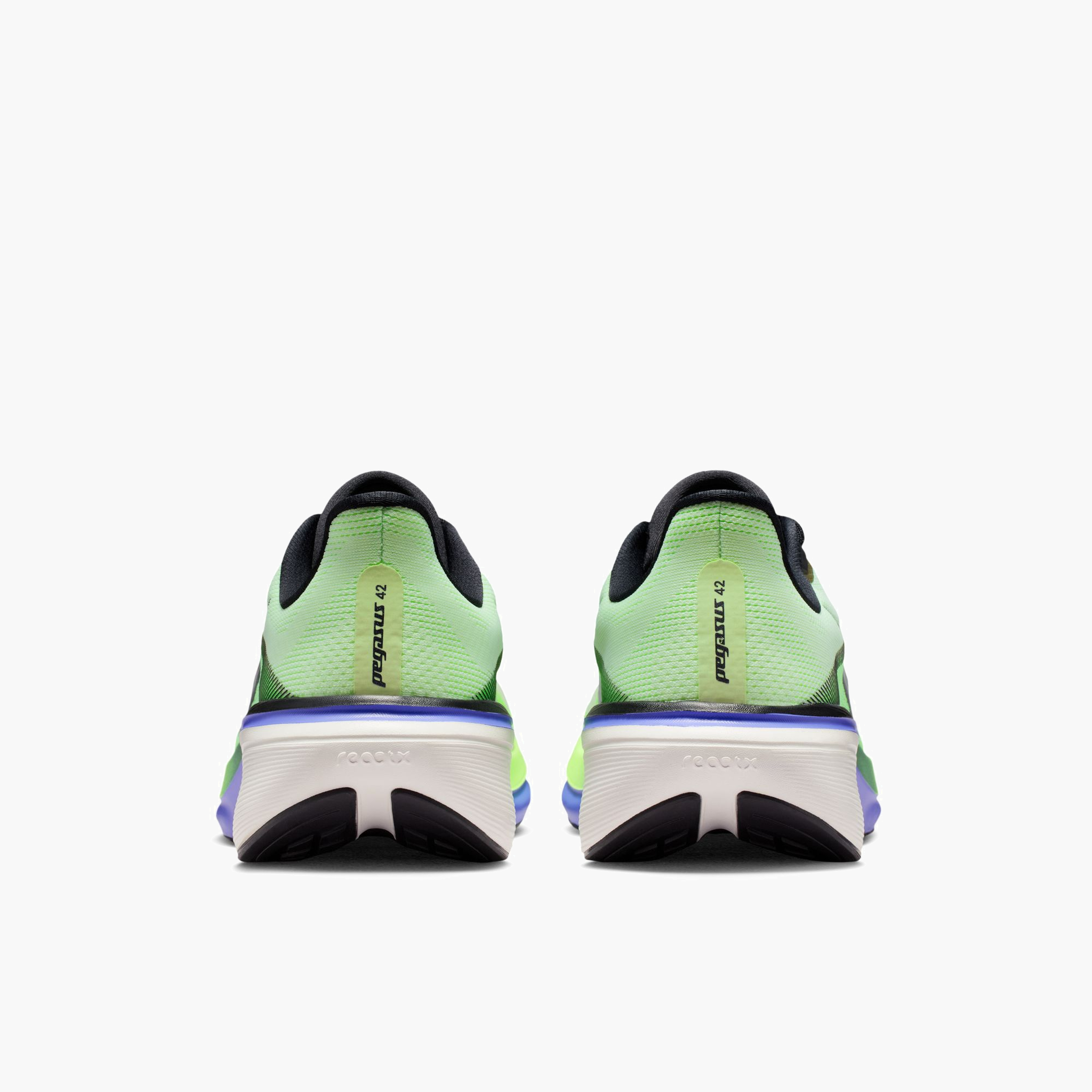 Heel angle shot of Men's Pegasus 42 in Volt Tint / Black Spruce-Sapphire