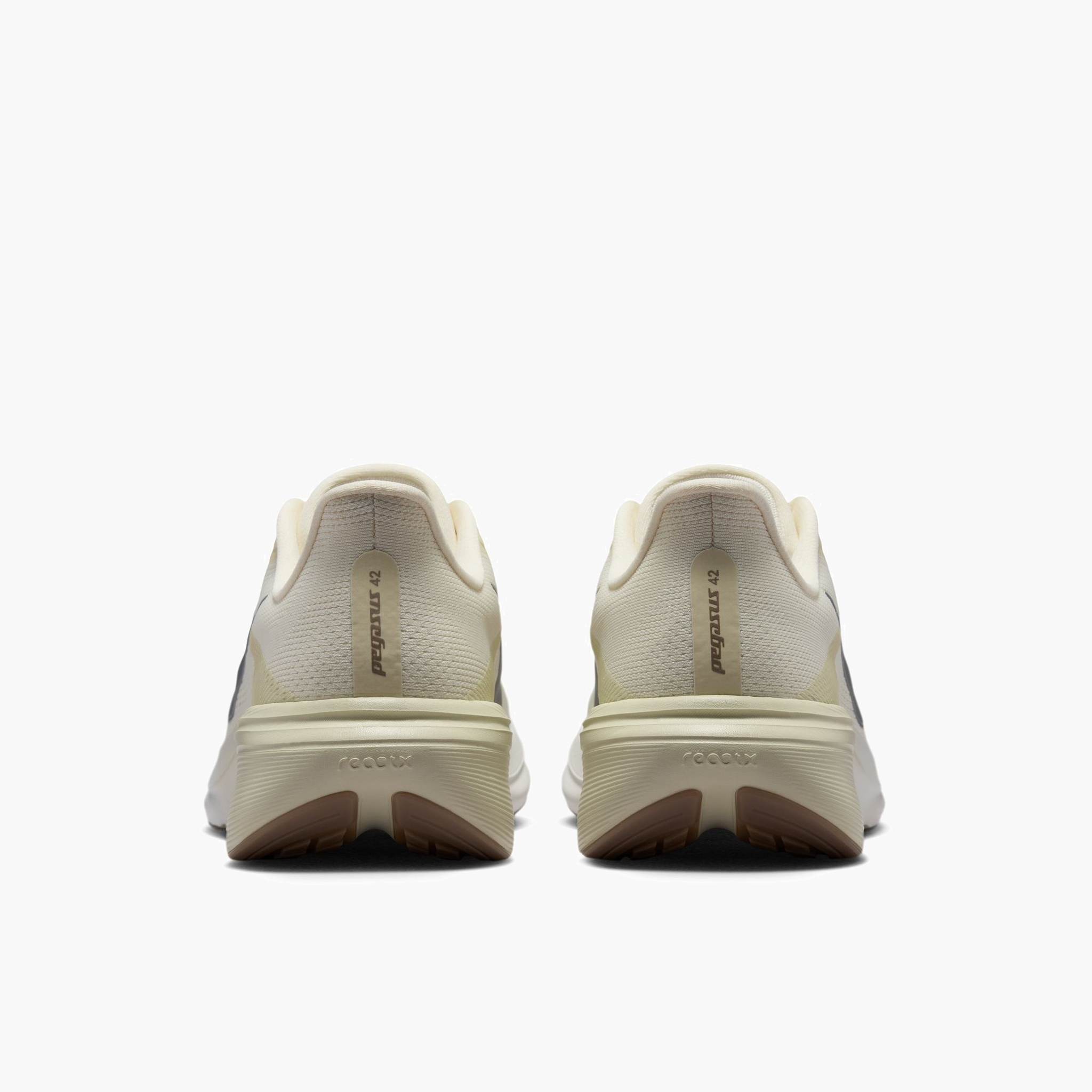 Heel angle shot of Men's Pegasus 42 in Coconut Milk / Metallic Silver-Lt Khaki
