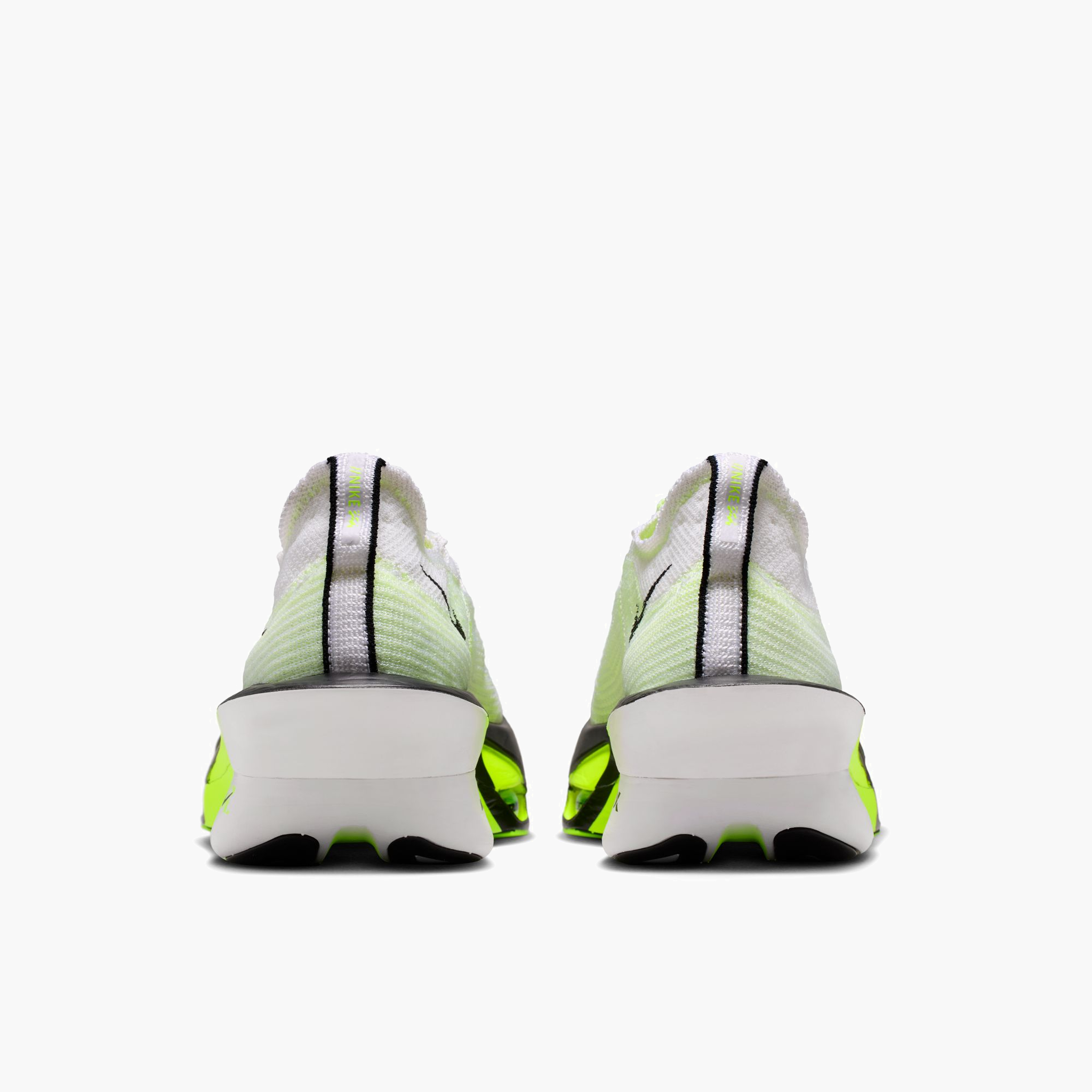 Heel angle shot of Men's Alphafly 3 in White / Black-Volt-Barely Volt