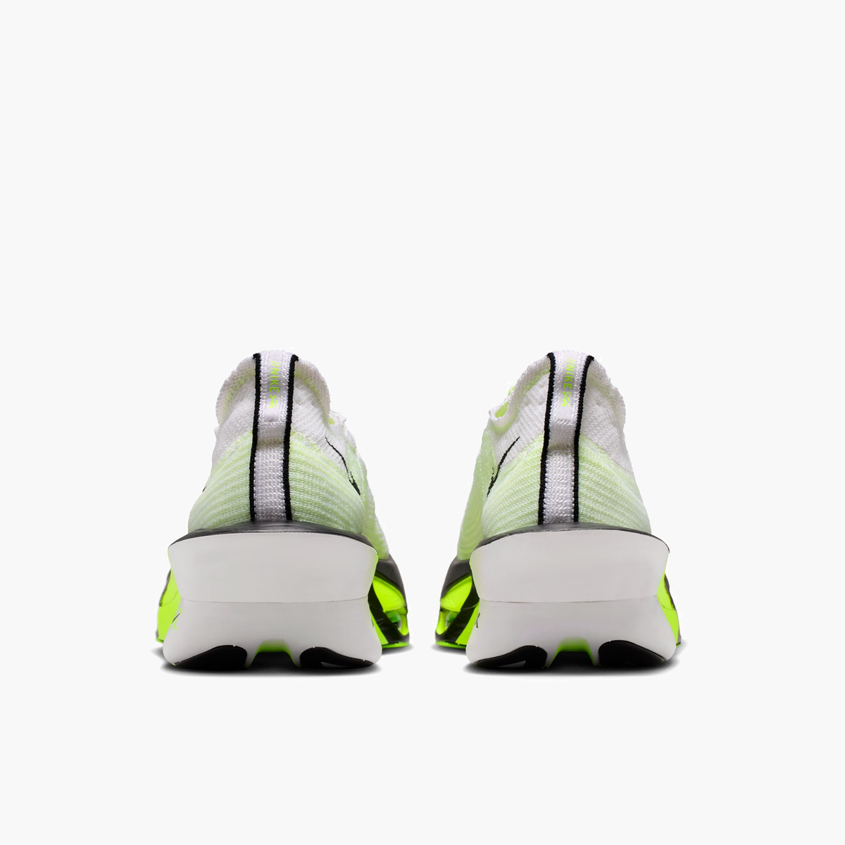 Heel angle shot of Men's Alphafly 3 in White / Black-Volt-Barely Volt