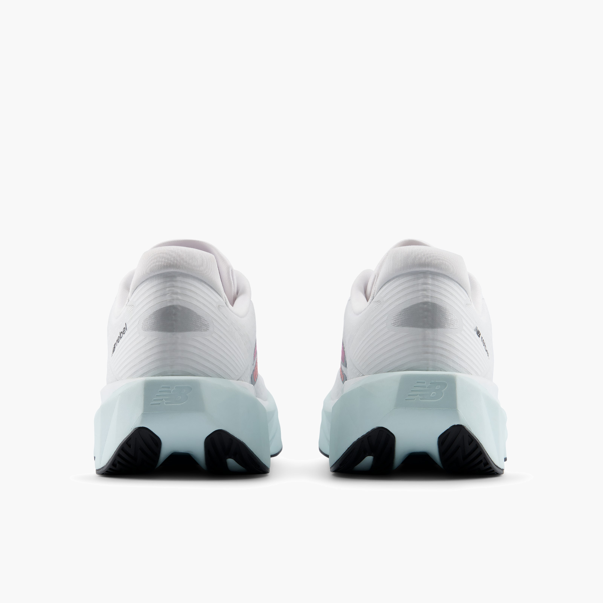 Heel angle shot of Men's FuelCell Rebel v5 in White / Pinkheat / Glintblue
