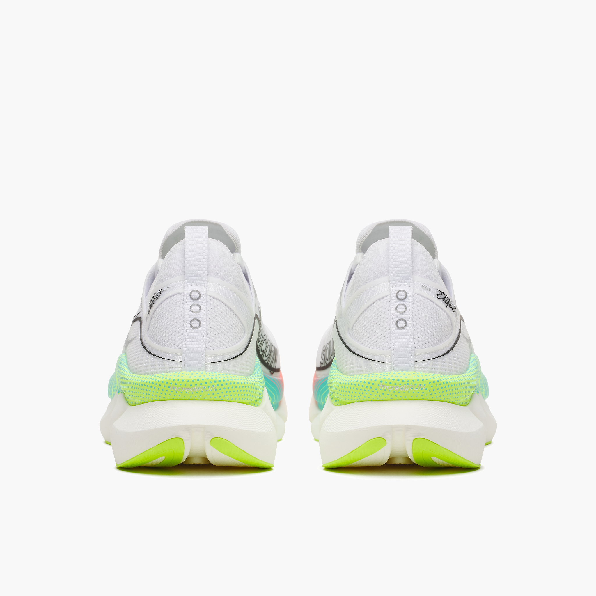 Heel angle shot of All Gender Endorphin Elite 3 in White / Multi