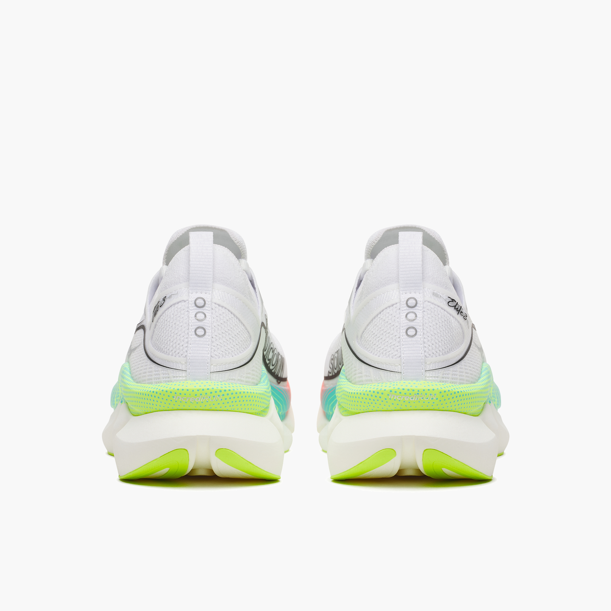 Heel angle shot of All Gender Endorphin Elite 3 in White / Multi