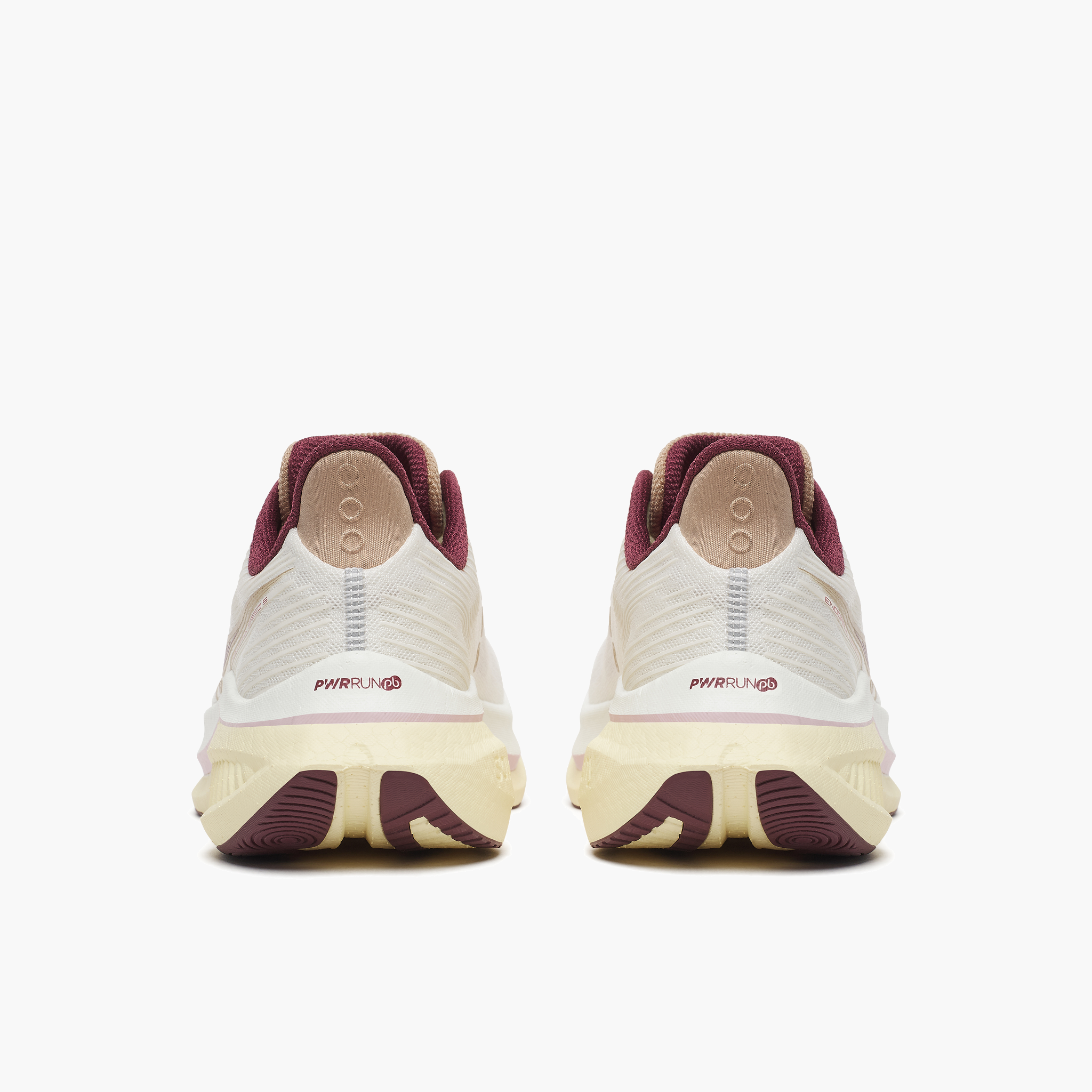 Heel angle shot of Women's Endorphin Speed 5 in Ivory / Maroon