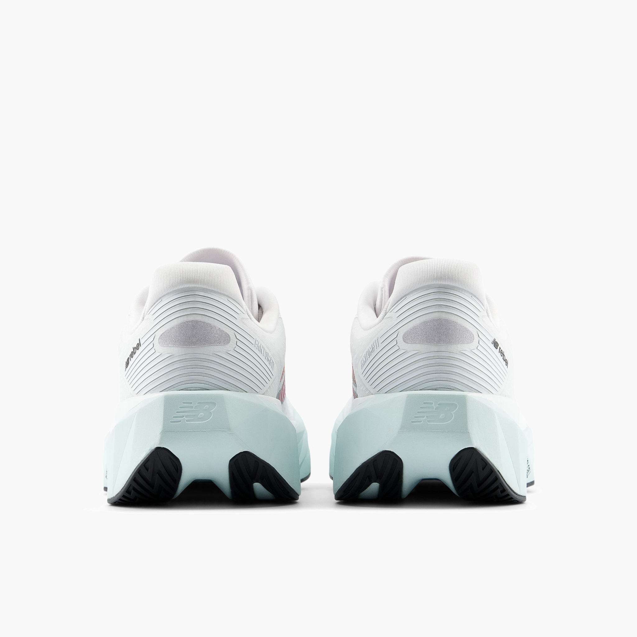 Heel angle shot of Women's FuelCell Rebel v5 in White / Pinkheat / Glintblue