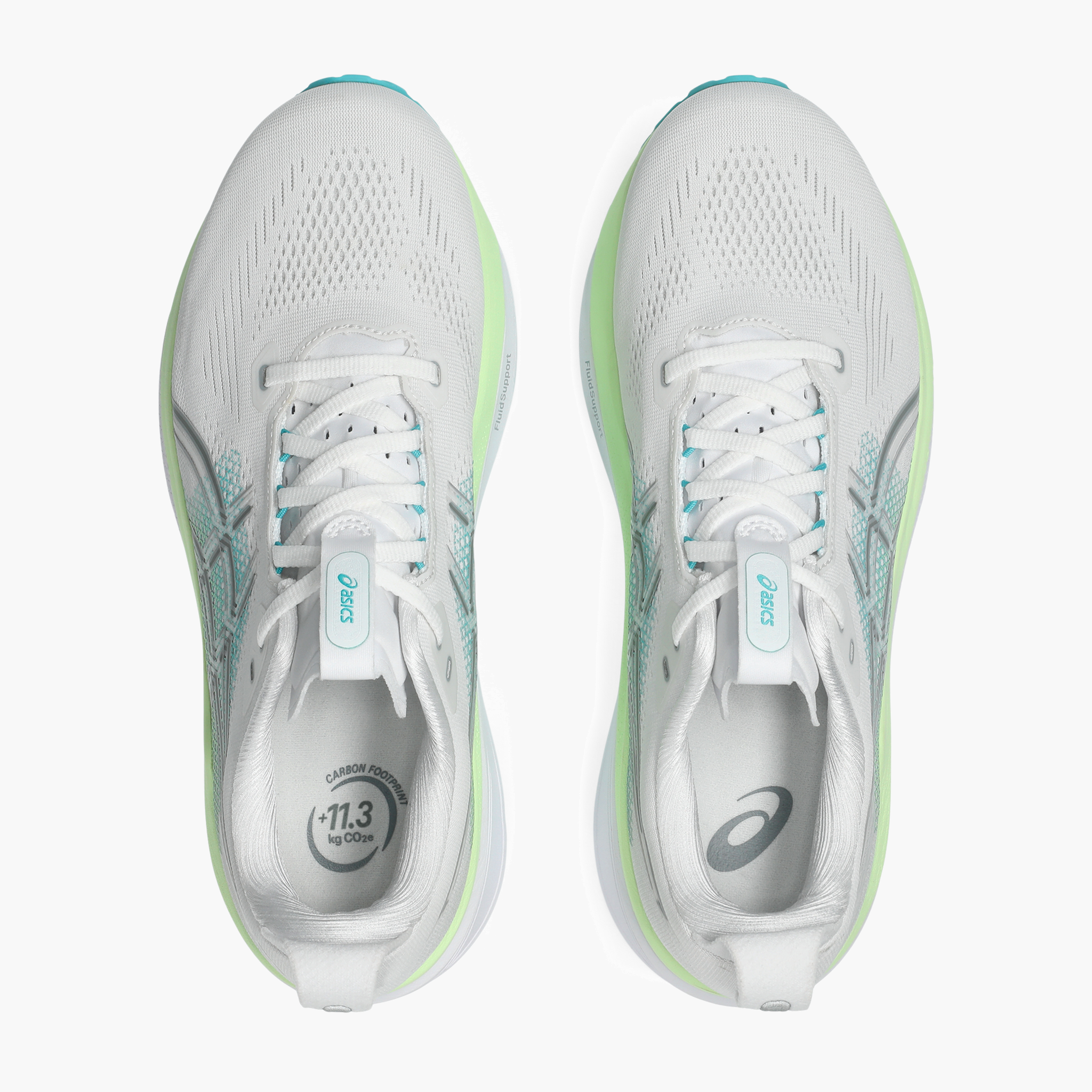 Overhead angle shot of Men's Gel-Kayano 33 in White / Energy Aqua