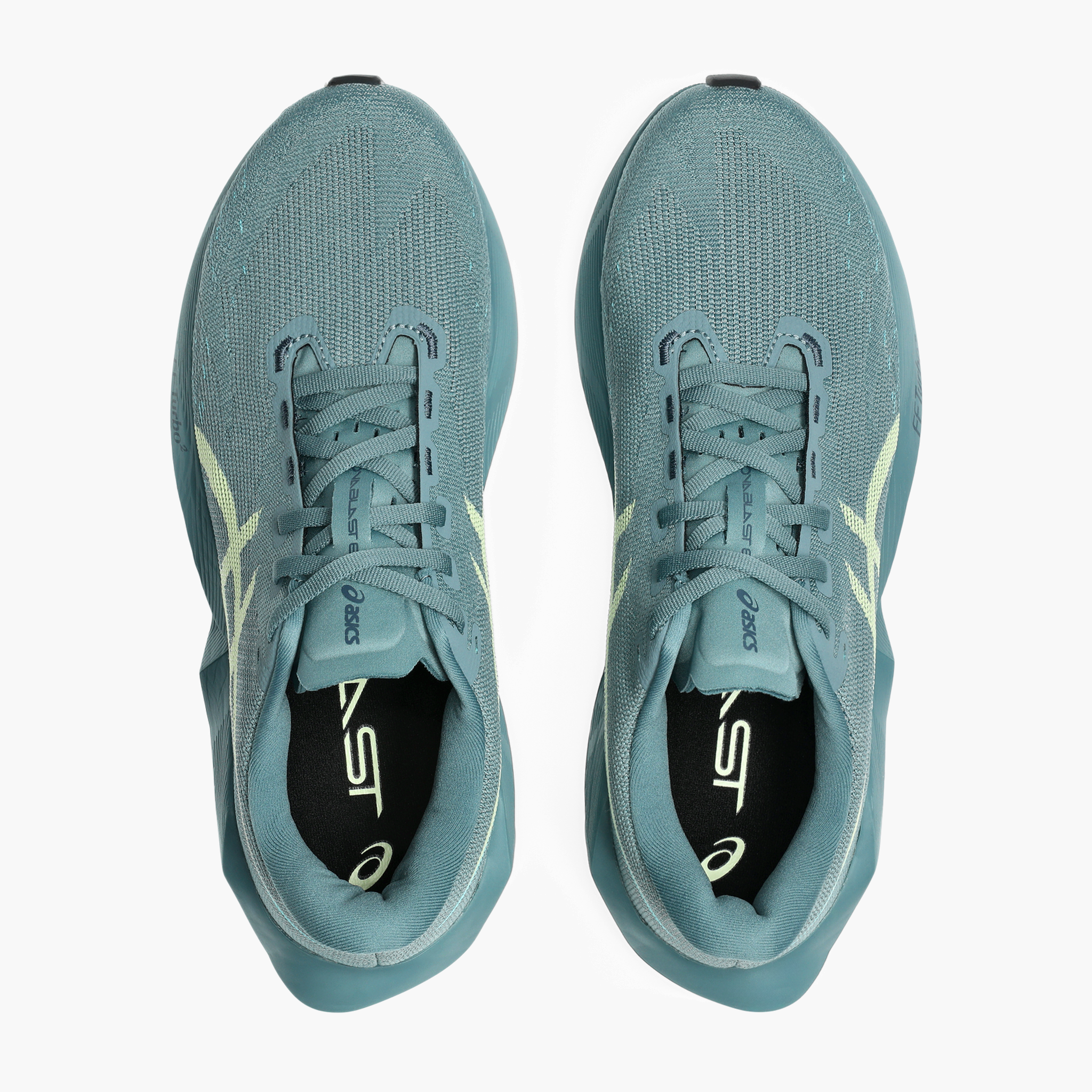 Overhead angle shot of Men's Novablast 6 in Foggy Teal / Illuminate Yellow