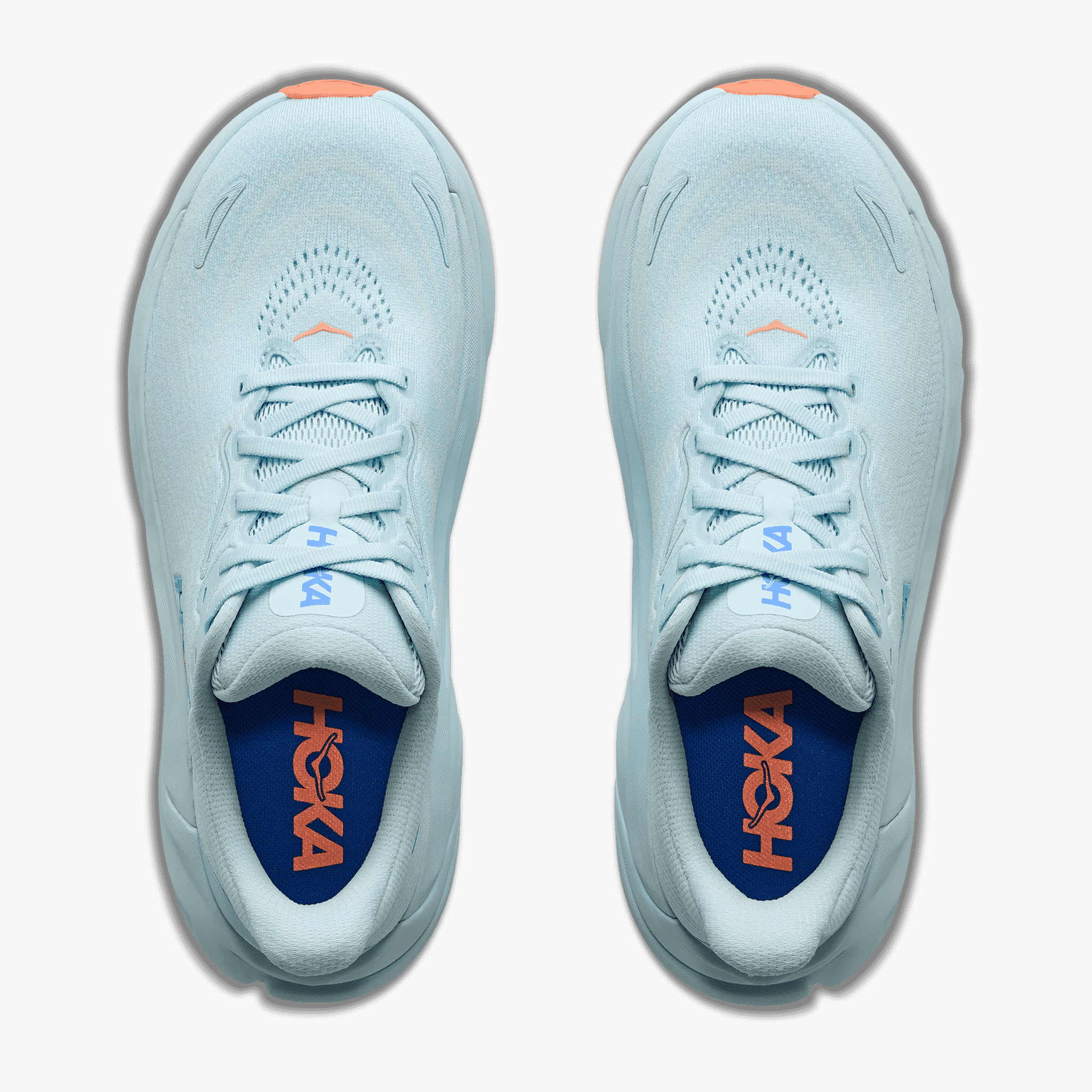 Overhead angle shot of Women's Arahi 8 in Glimmering Blue  /  Neon Cantaloupe