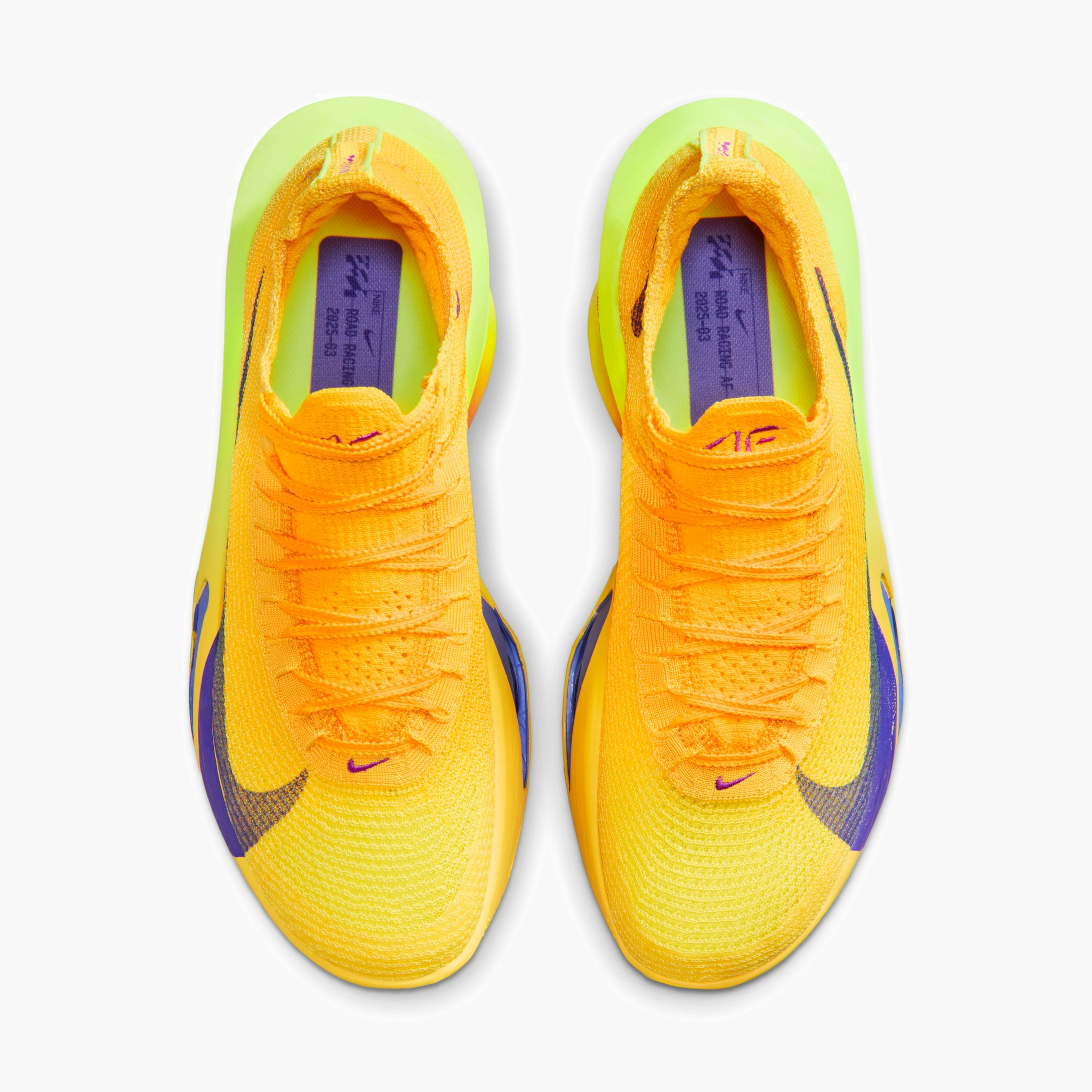 Overhead angle shot of Men's Alphafly 3 in Laser Orange / Indigo Burst-Citron Pulse