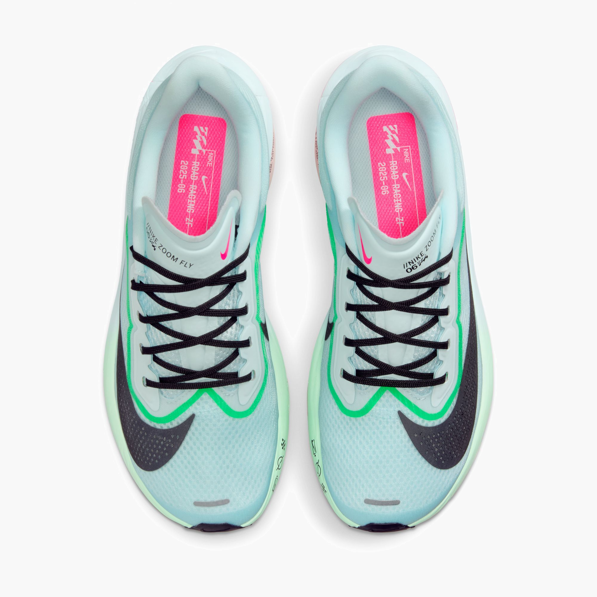 Overhead angle shot of Women's Zoom Fly 6 in Glacier Ice / Black-Hyper Pink-Green Shock