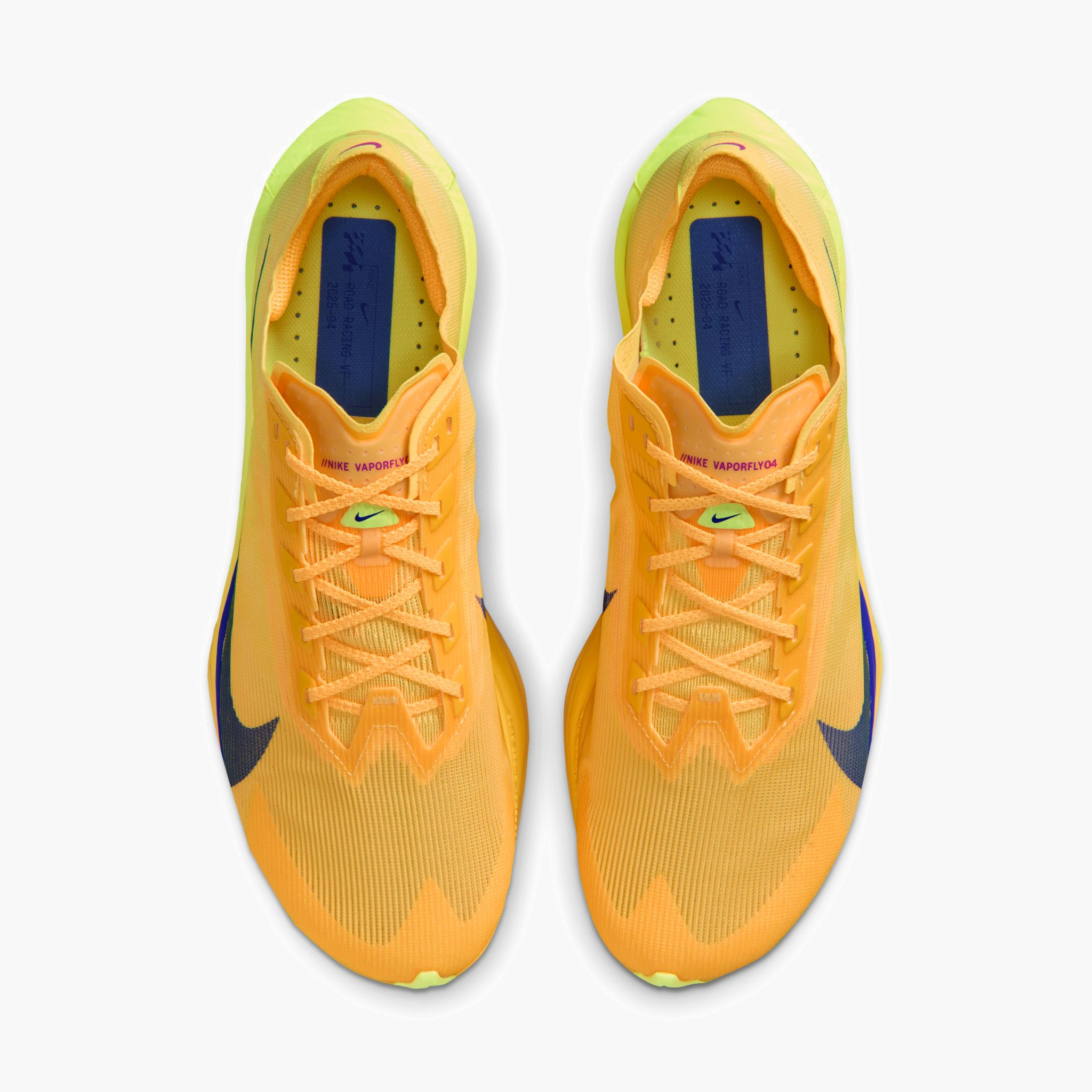 Overhead angle shot of Men's Vaporfly 4 in Citron Pulse / Indigo Burst-Laser Orange