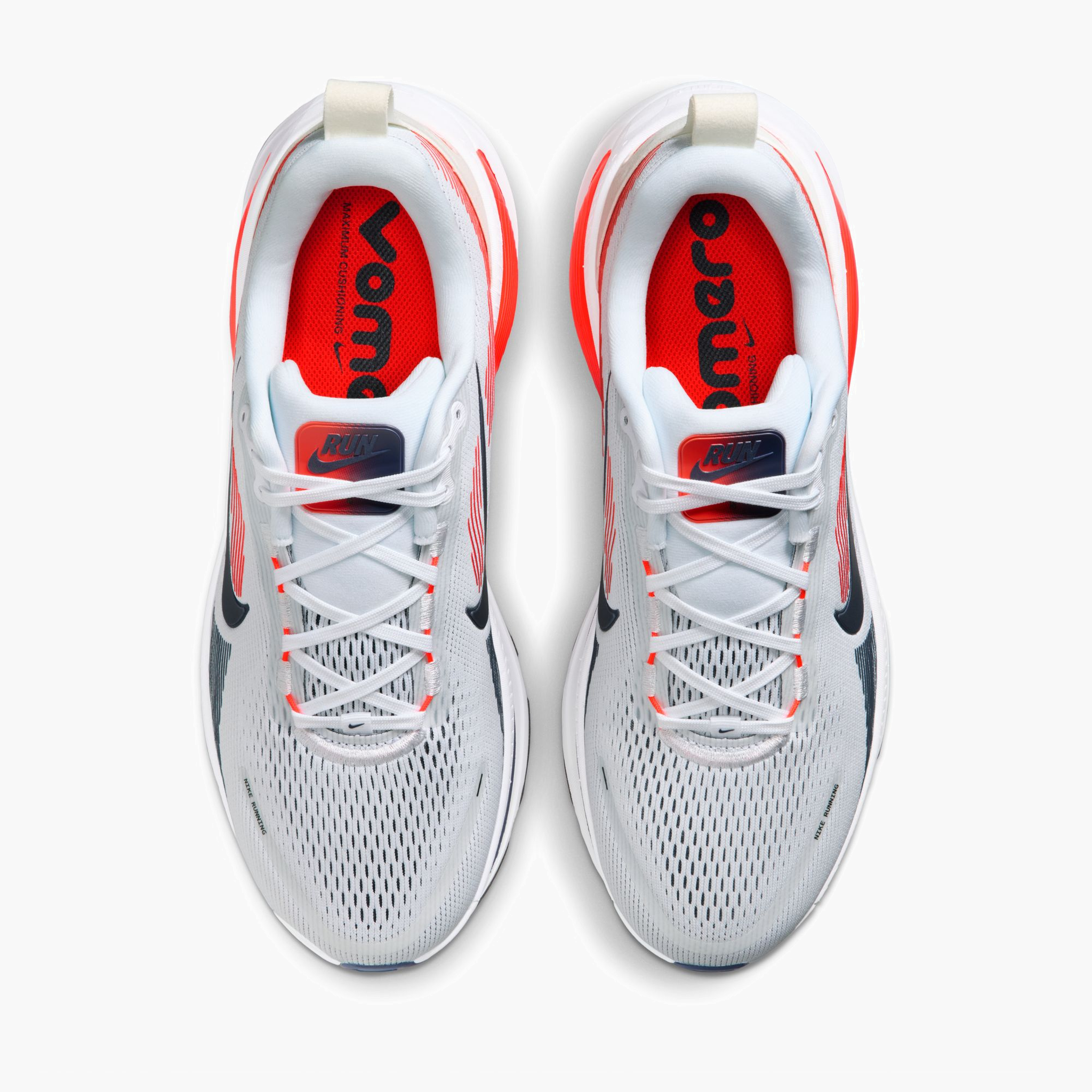 Overhead angle shot of Men's Vomero 18 in White / Midnight Navy-Bright Crimson-Black