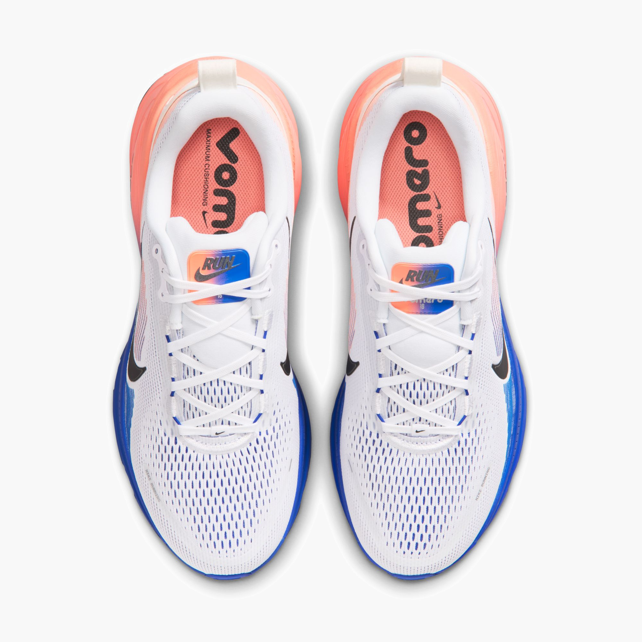 Overhead angle shot of Men's Vomero 18 in White / Black-Racer Blue-Atomic Pink