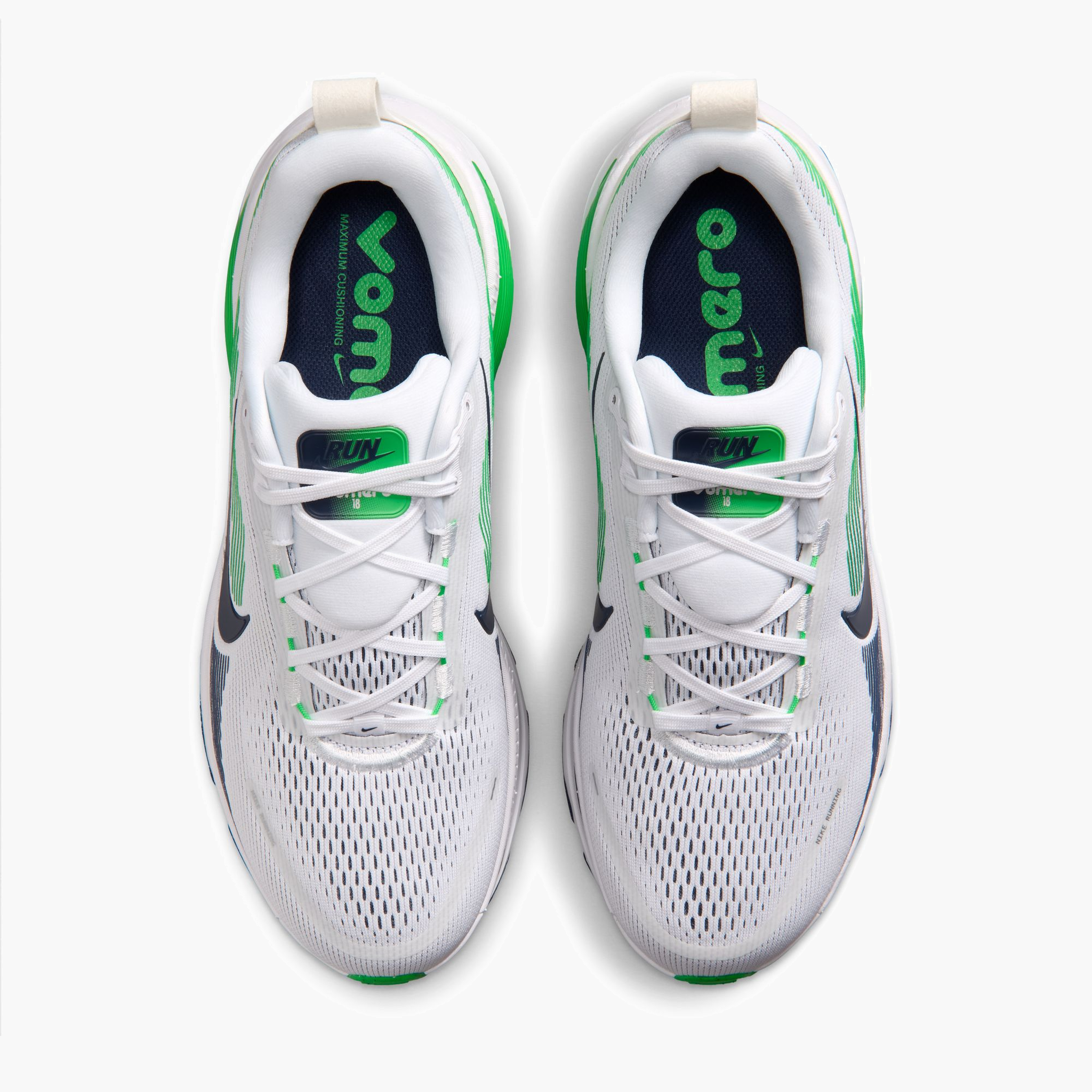 Overhead angle shot of Men's Vomero 18 in White / Midnight Navy-Green Spark