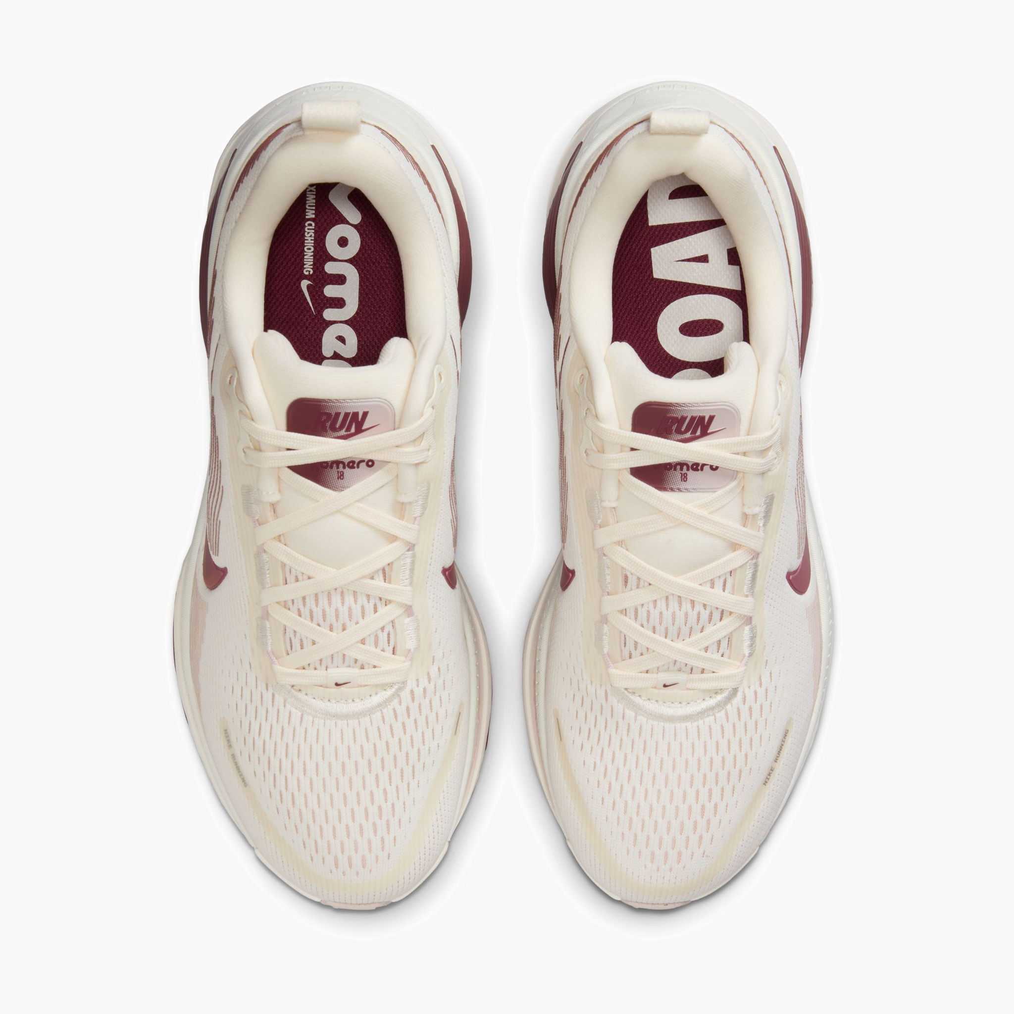 Overhead angle shot of Women's Vomero 18 in Pale Ivory / Dark Team Red-Red Sepia