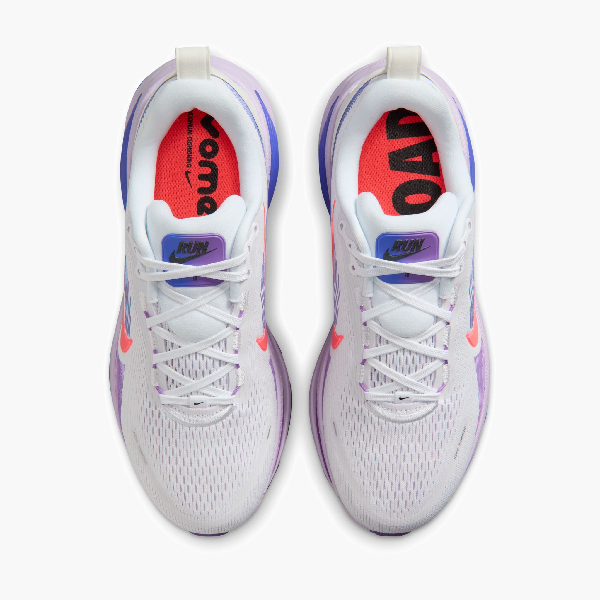 Overhead angle shot of Women's Vomero 18 in White / Hot Lava-Violet Mist-Sapph
