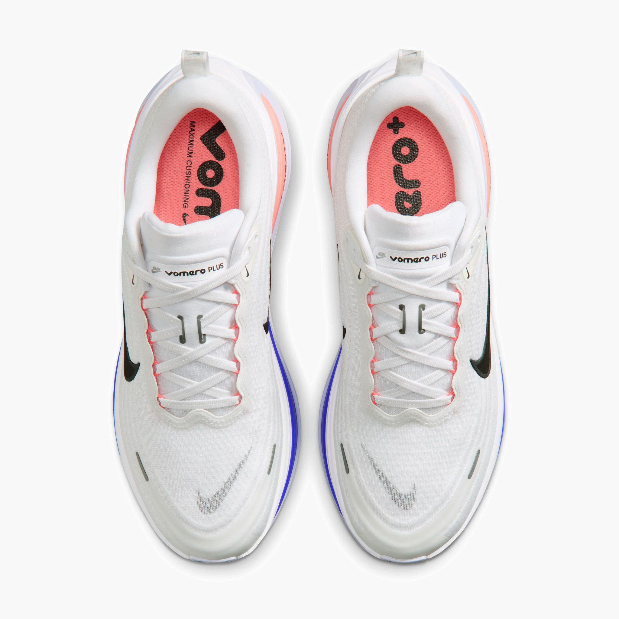 Overhead angle shot of Men's Vomero Plus in White / Black-Atomic Pink-Racer Blue