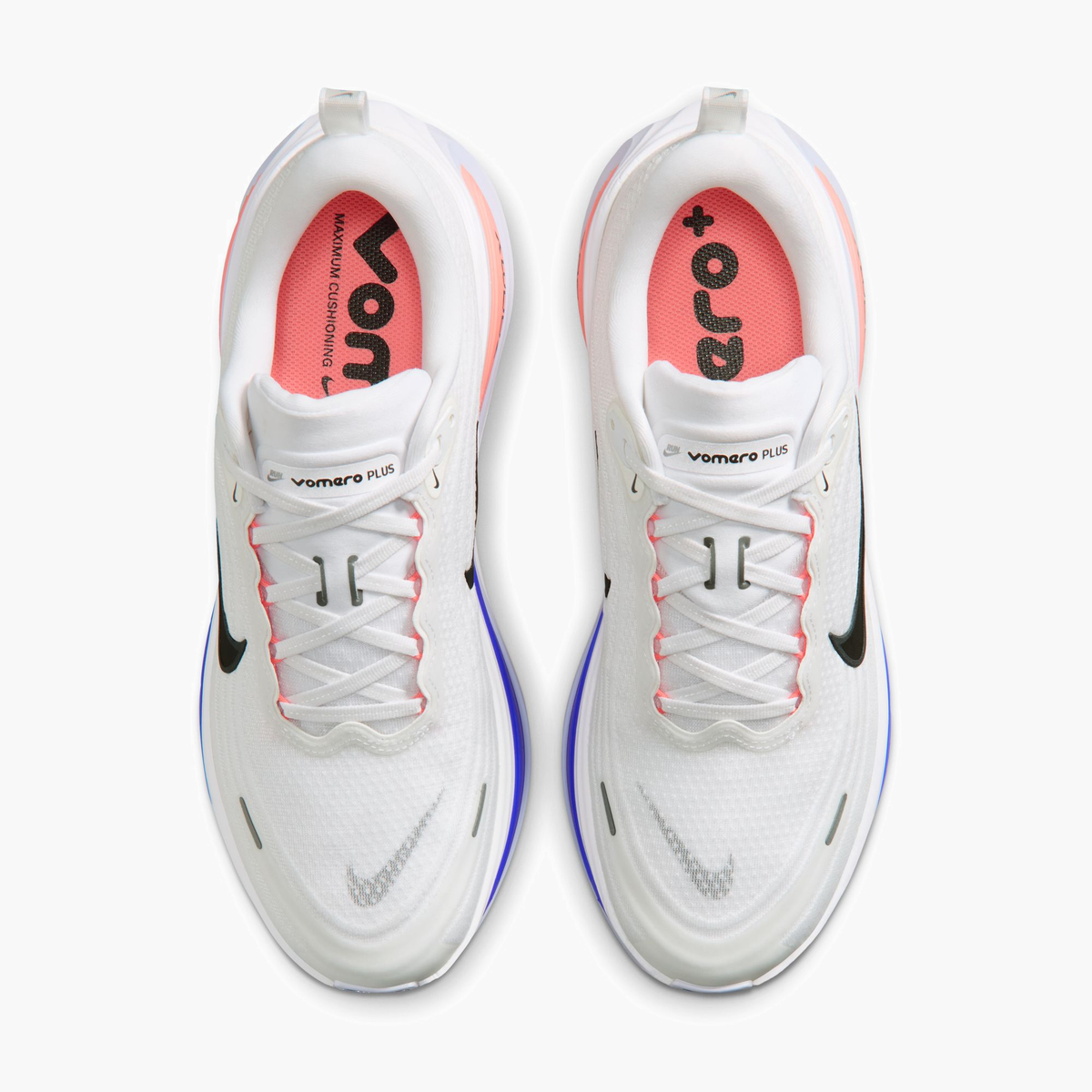 Overhead angle shot of Men's Vomero Plus in White / Black-Atomic Pink-Racer Blue