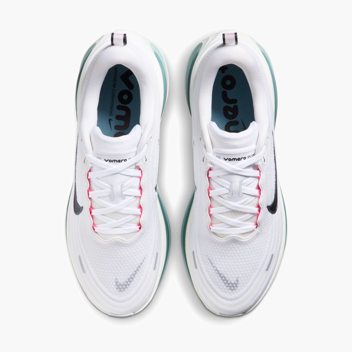 Overhead angle shot of Men's Vomero Plus in White / Black-Mineral Slate-Hyper Pink