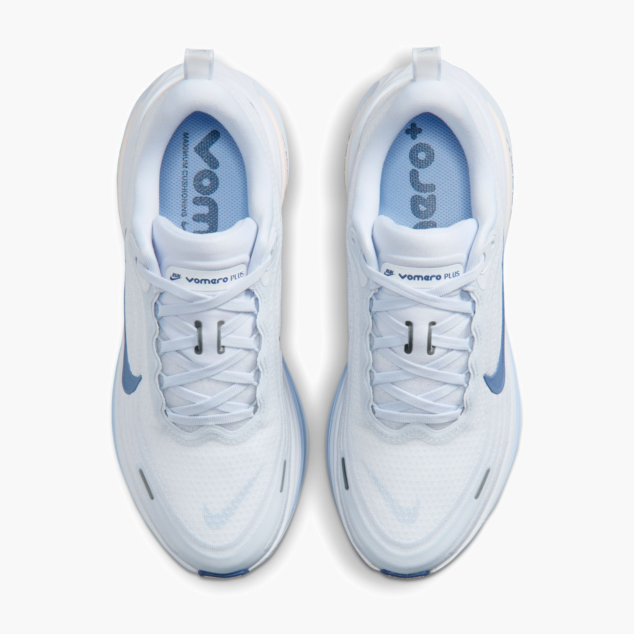 Overhead angle shot of Women's Vomero Plus in White / Mystic Navy-Aluminum-Football Grey
