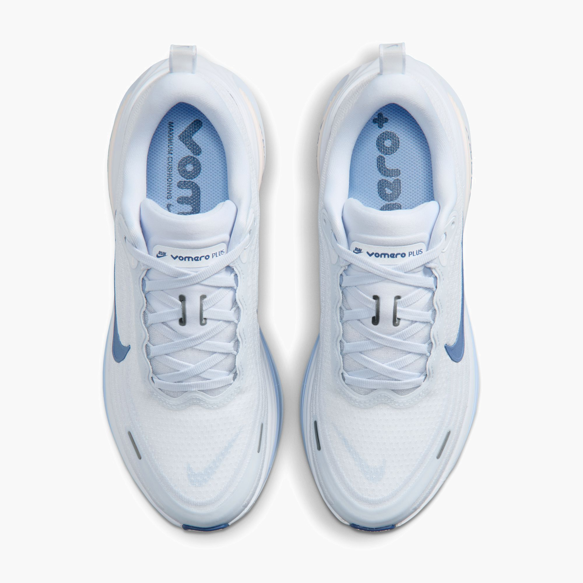 Overhead angle shot of Women's Vomero Plus in White / Mystic Navy-Aluminum-Football Grey