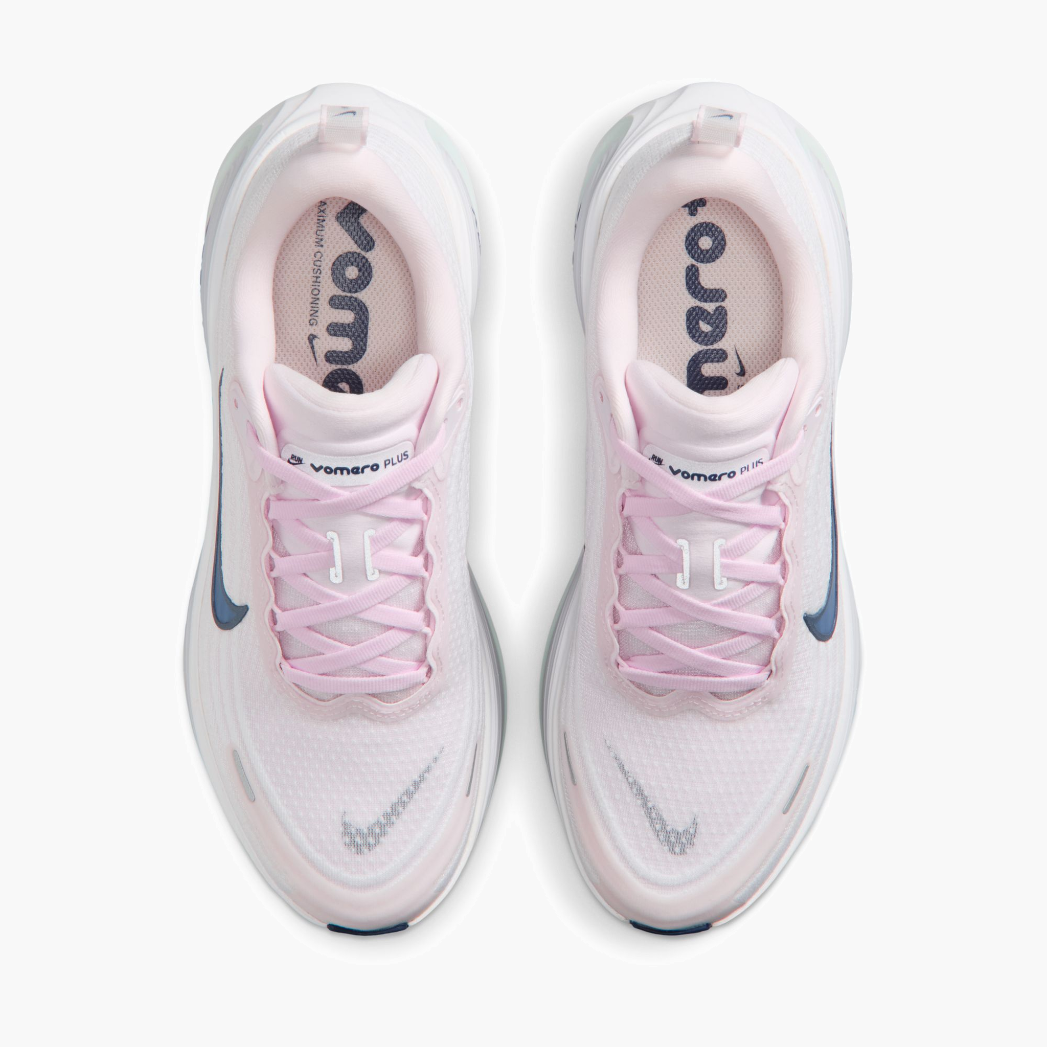 Overhead angle shot of Women's Vomero Plus in Pearl Pink / Midnight Navy-White