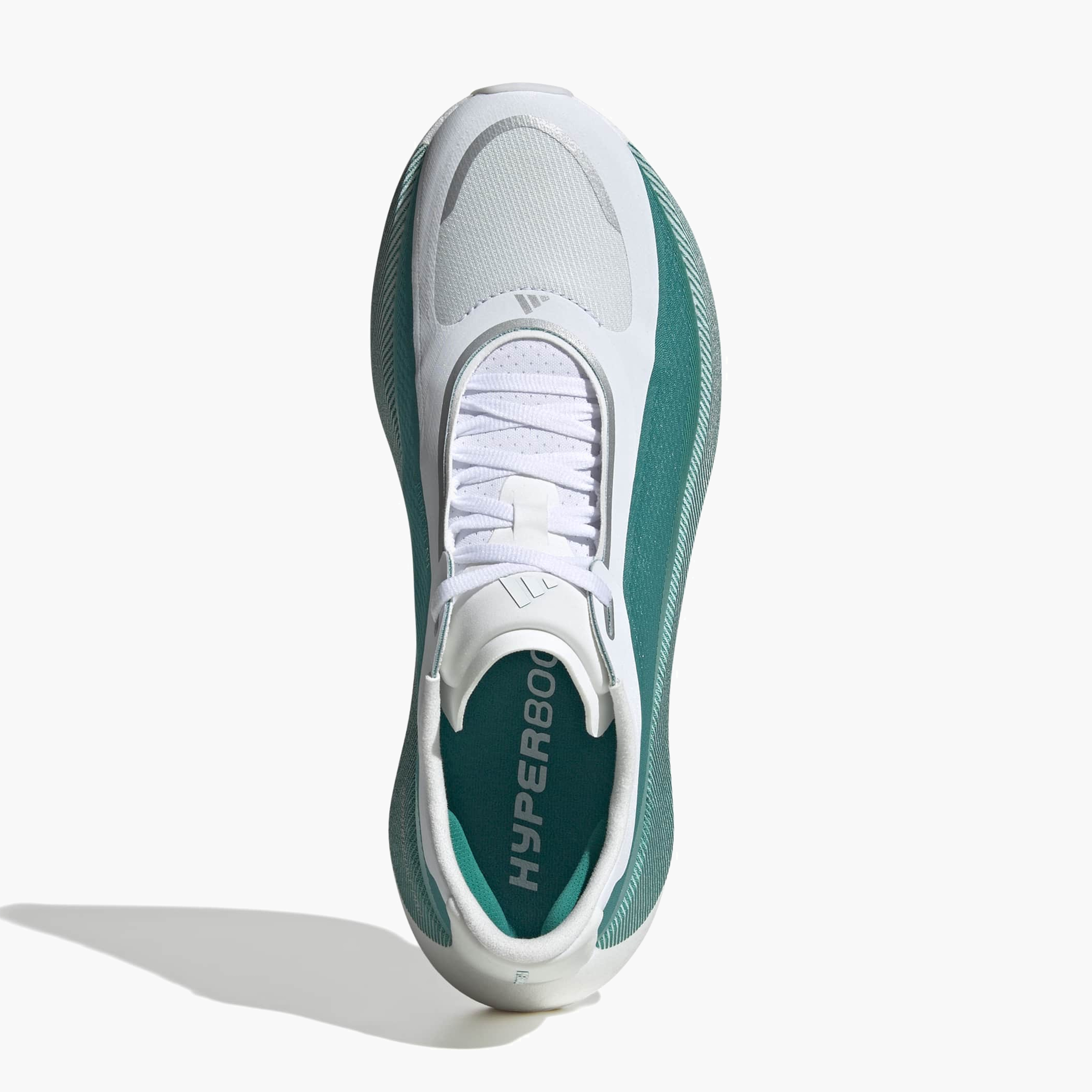 Overhead angle shot of Men's Hyperboost Edge in Ftwr White / Equipment Green / Zero Met.