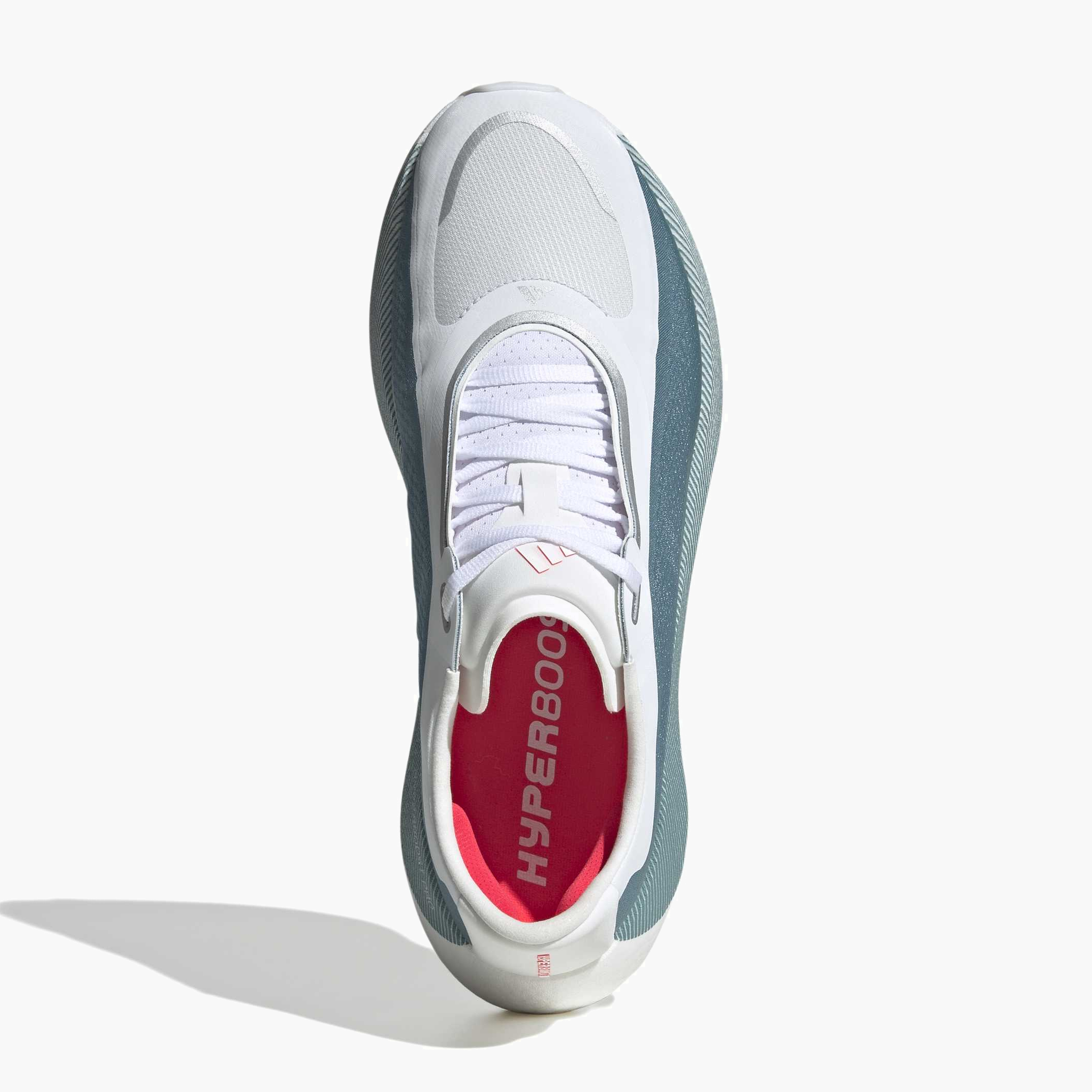 Overhead angle shot of Men's Hyperboost Edge in Ftwr White / Petrol Met. / Lucid Red