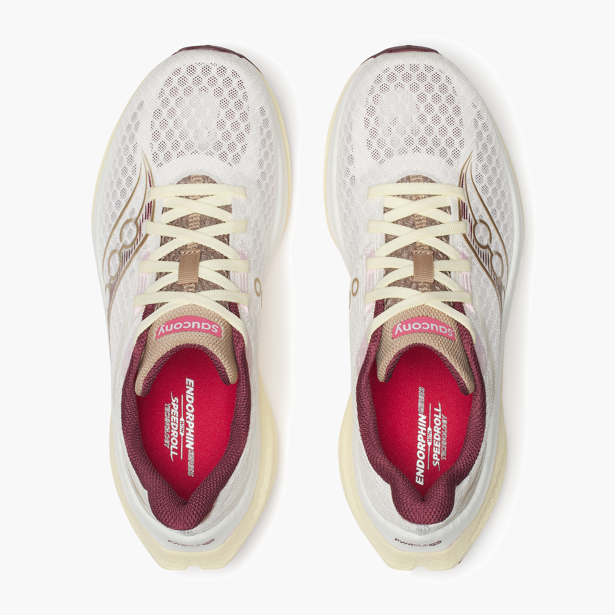 Overhead angle shot of Women's Endorphin Speed 5 in Ivory / Maroon