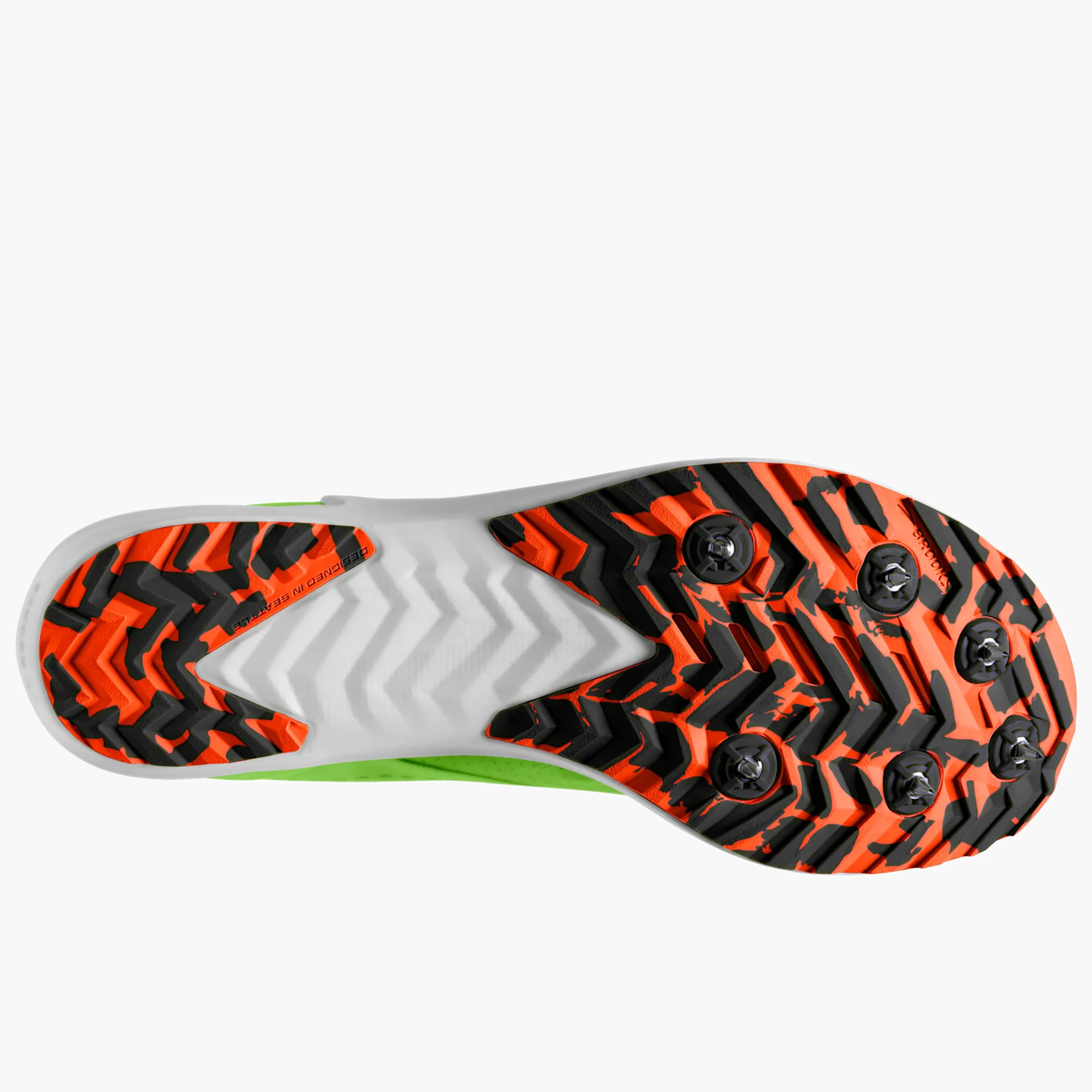 Sole angle shot of All Gender Draft XC in Green Gecko / Red Orange / White