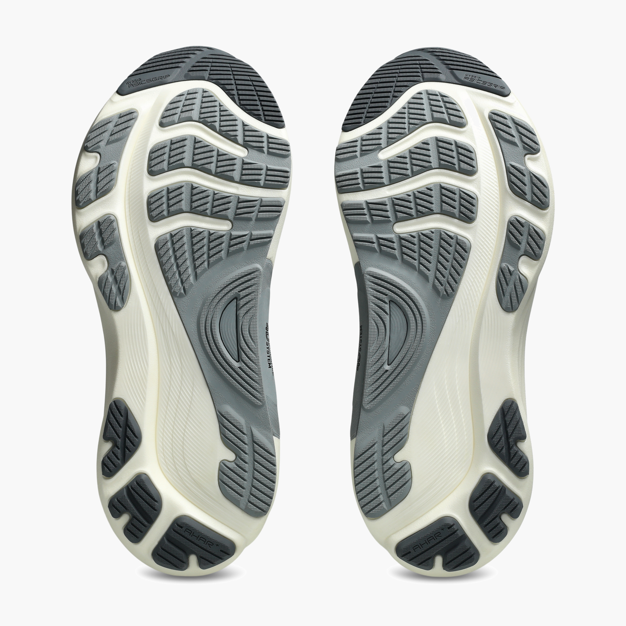 Sole angle shot of Men's Gel-Kayano 32 in Gravel / Citron