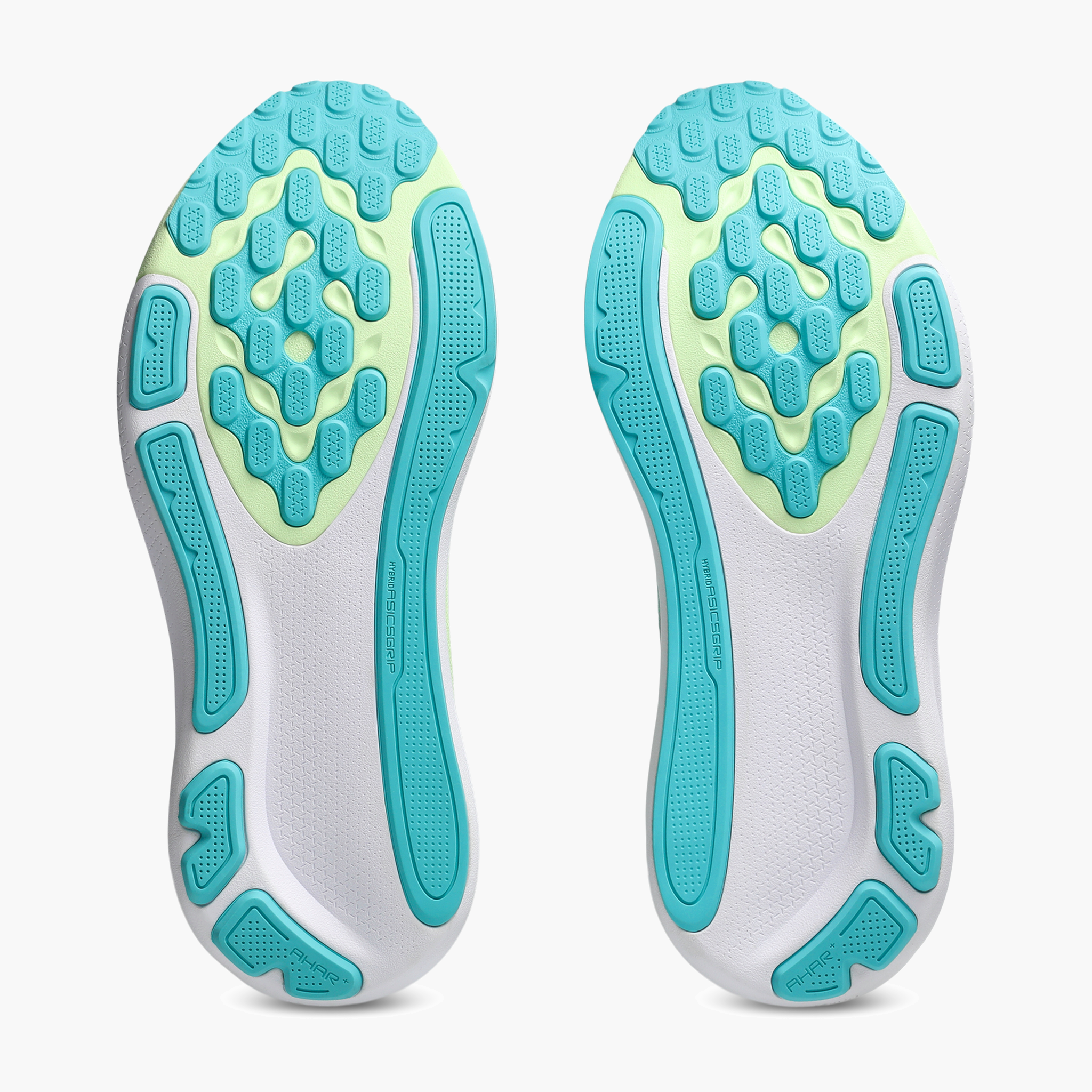Sole angle shot of Men's Gel-Kayano 33 in White / Energy Aqua
