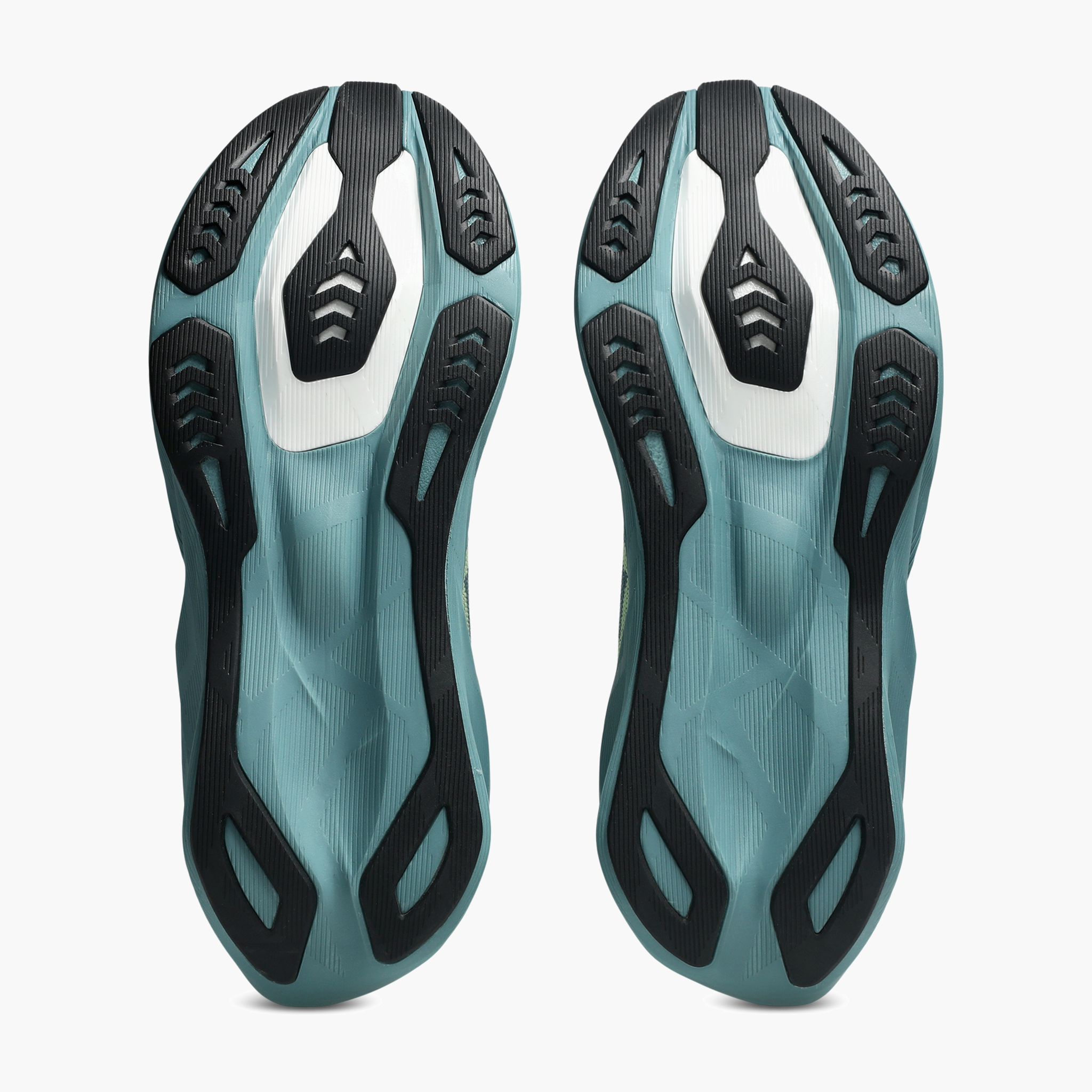 Sole angle shot of Men's Novablast 6 in Foggy Teal / Illuminate Yellow