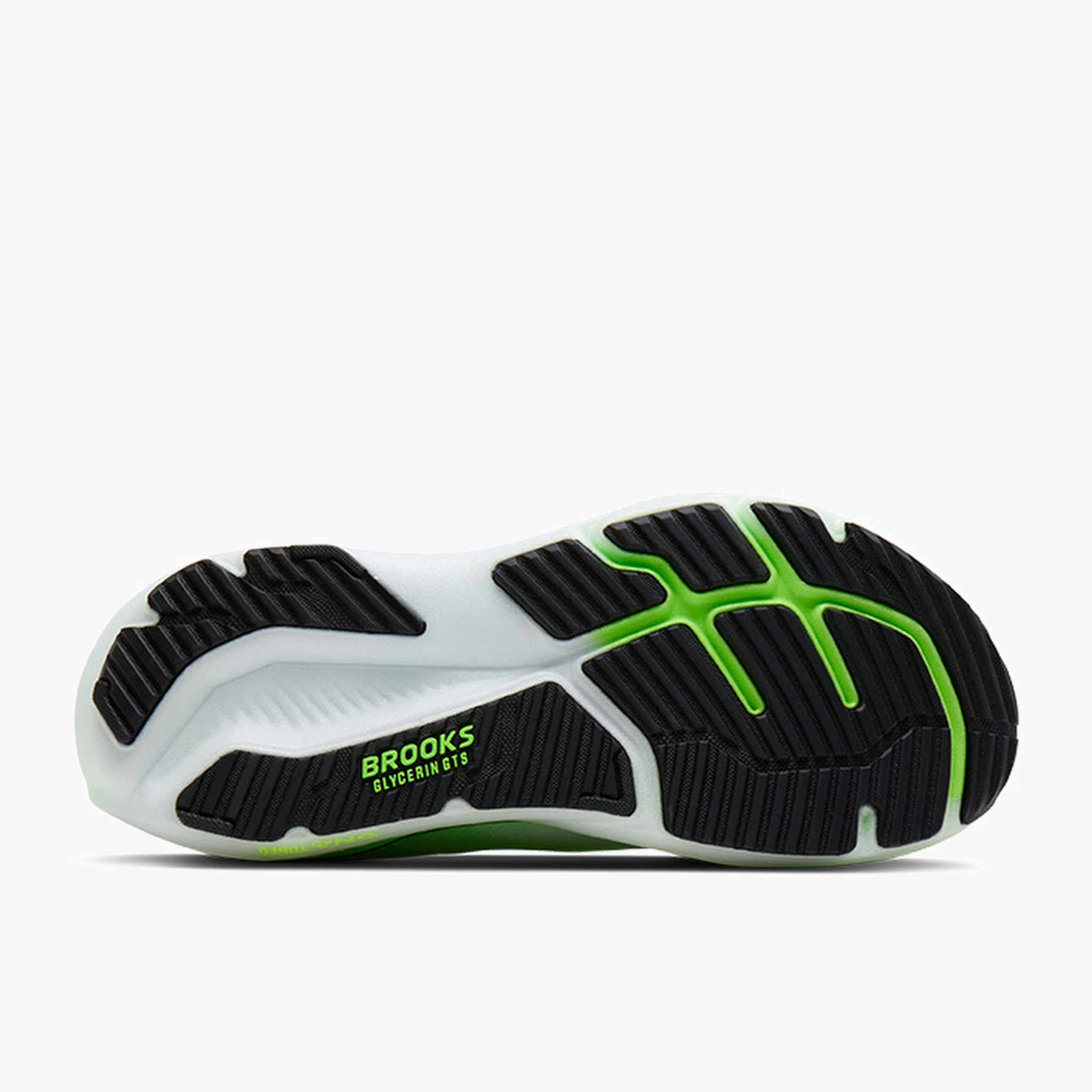 Sole angle shot of Men's Glycerin GTS 23 in White / Phantom / Green Gecko