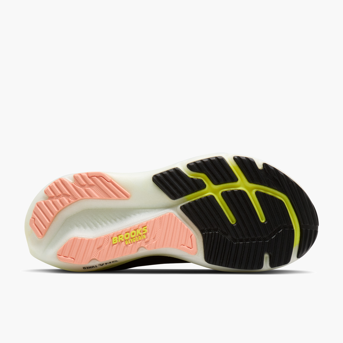 Sole angle shot of Women's Glycerin 23 in Black / Peach / Nightlife
