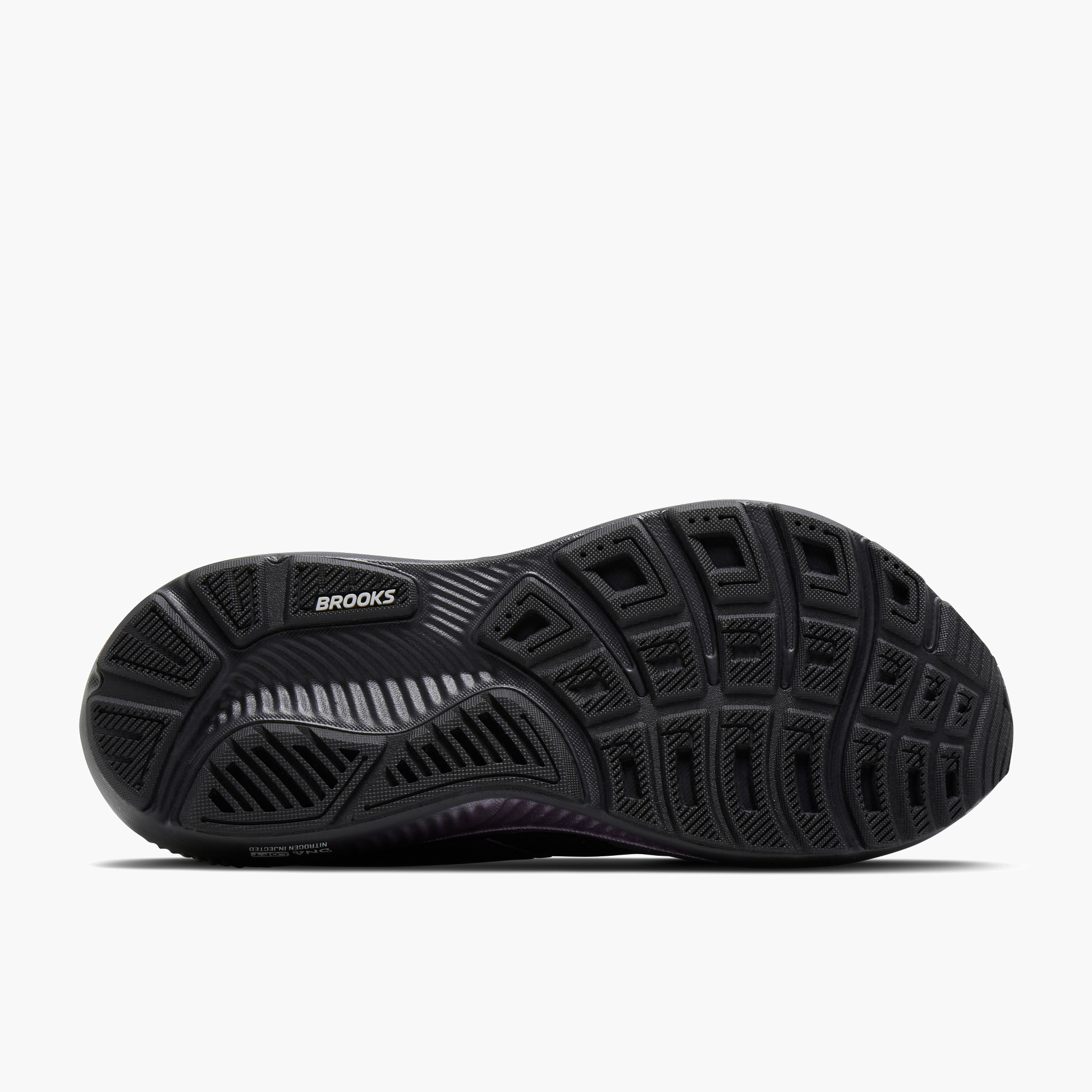 Sole angle shot of Women's Ghost 18 in Ebony / Folkstone / Metallic