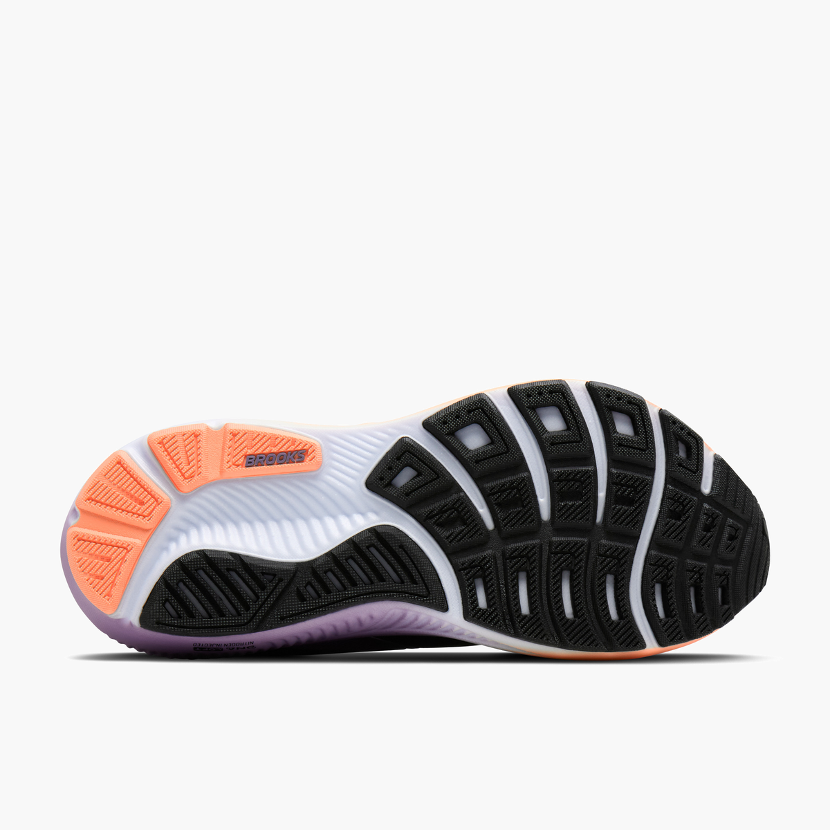 Sole angle shot of Women's Ghost 18 in Black / Mulled Grape / Peach