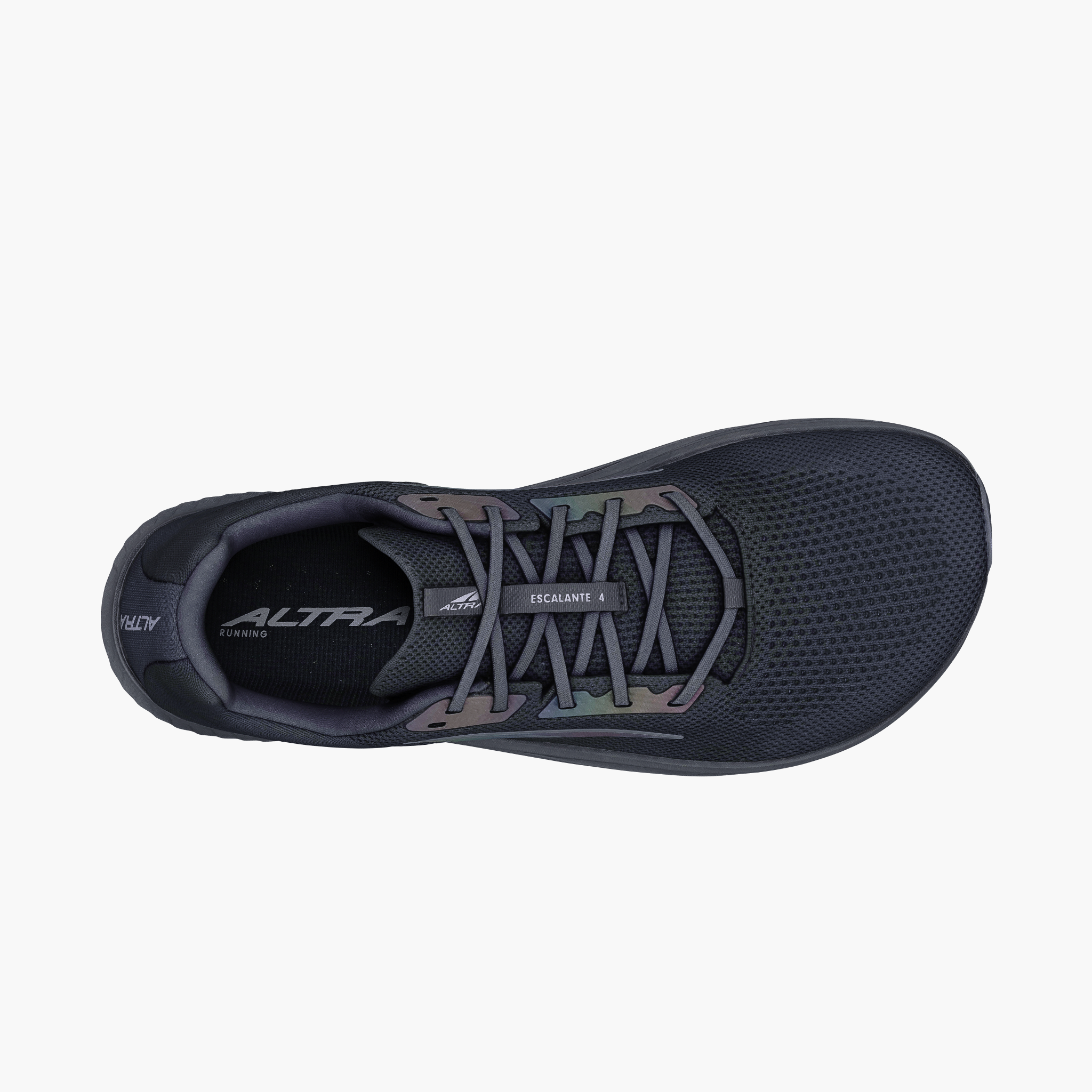Sole angle shot of Men's Escalante 4 in Black / Iridescent