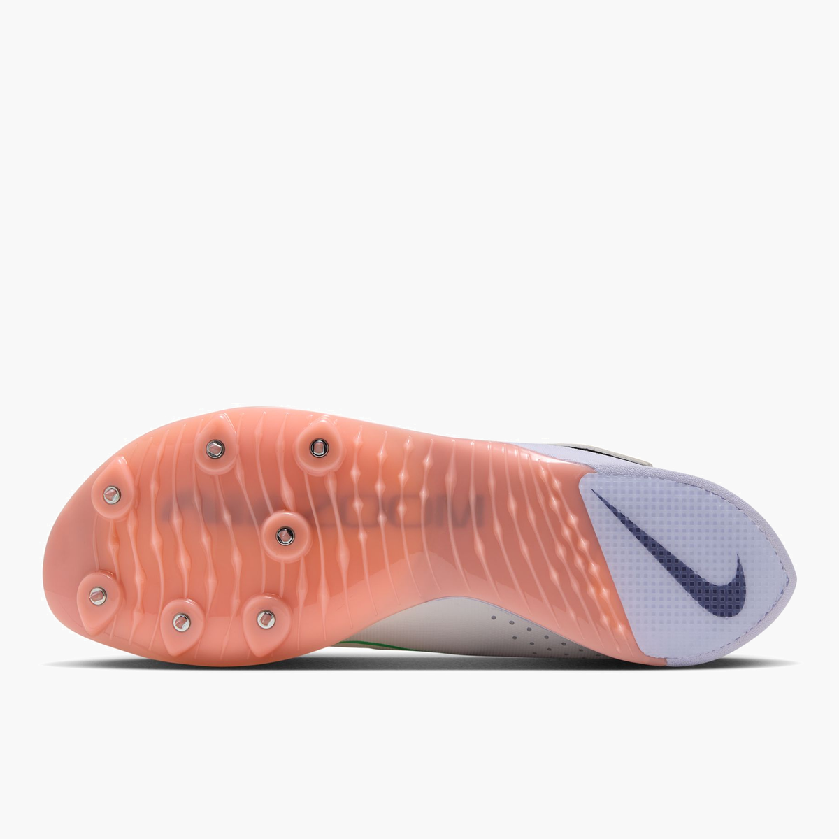 Sole angle shot of All Gender Long Jump Elite in Summit White / Electro Green-palest Purple