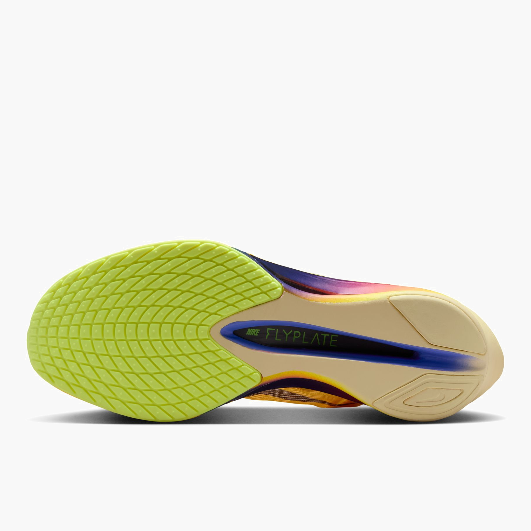 Sole angle shot of Women's Vaporfly 4 in Citron Pulse / Indigo Burst-Laser Orange