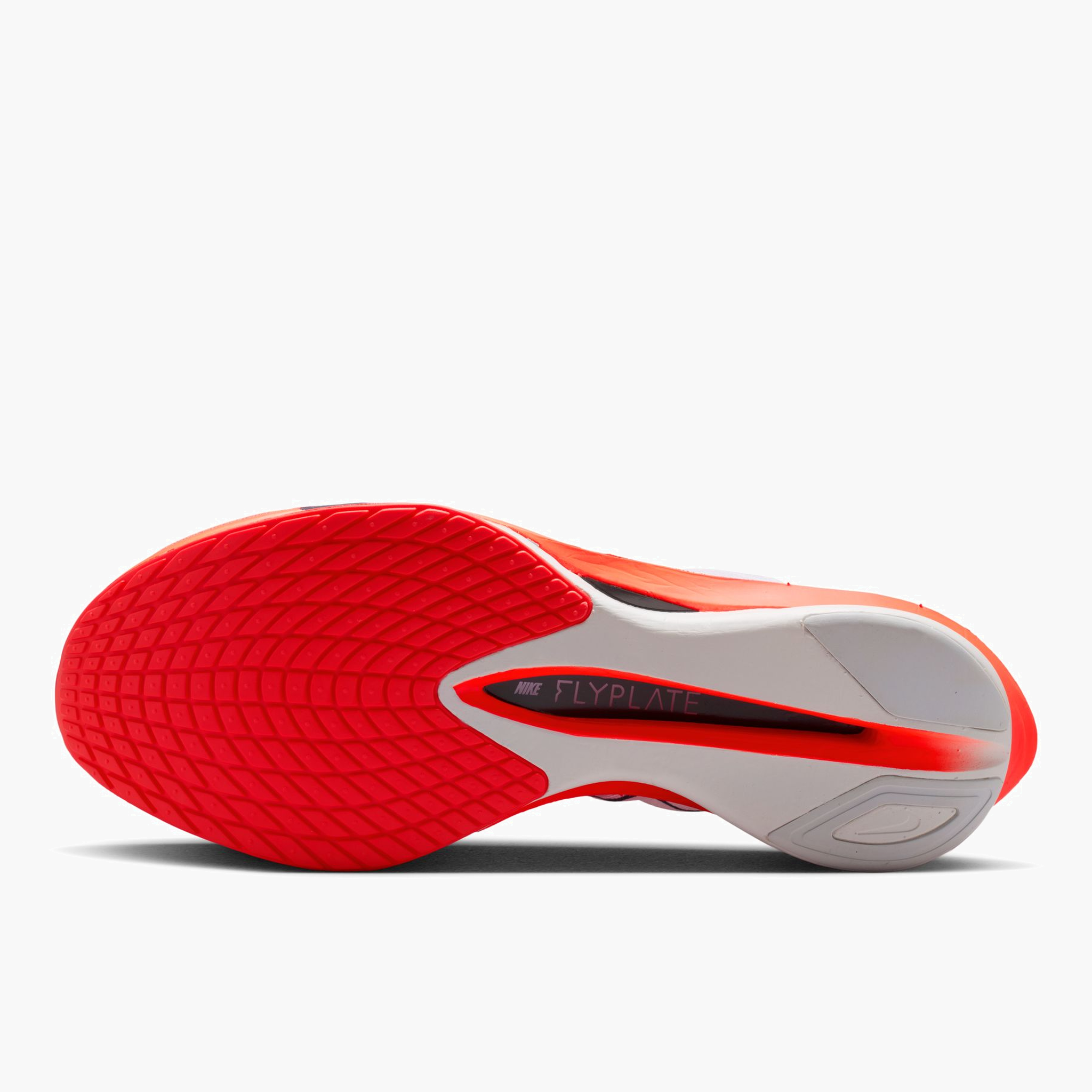 Sole angle shot of Men's Vaporfly 4 in White / Midnight Navy-Bright Crimson