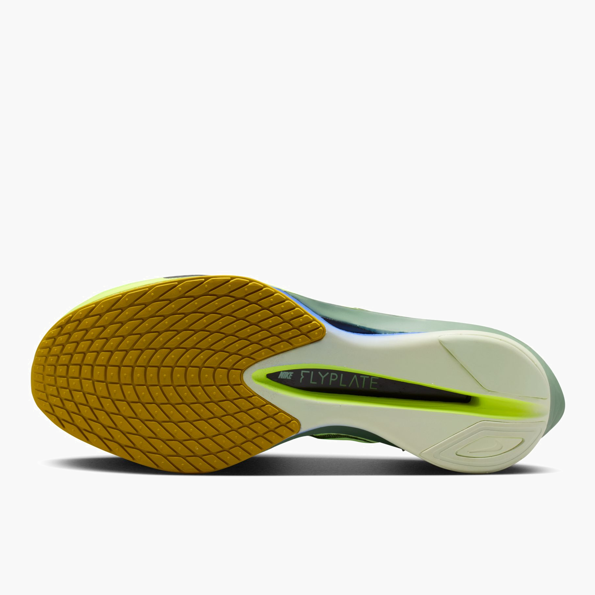 Sole angle shot of Men's Vaporfly 4 in Barely Green / Black Spruce-Volt Tint