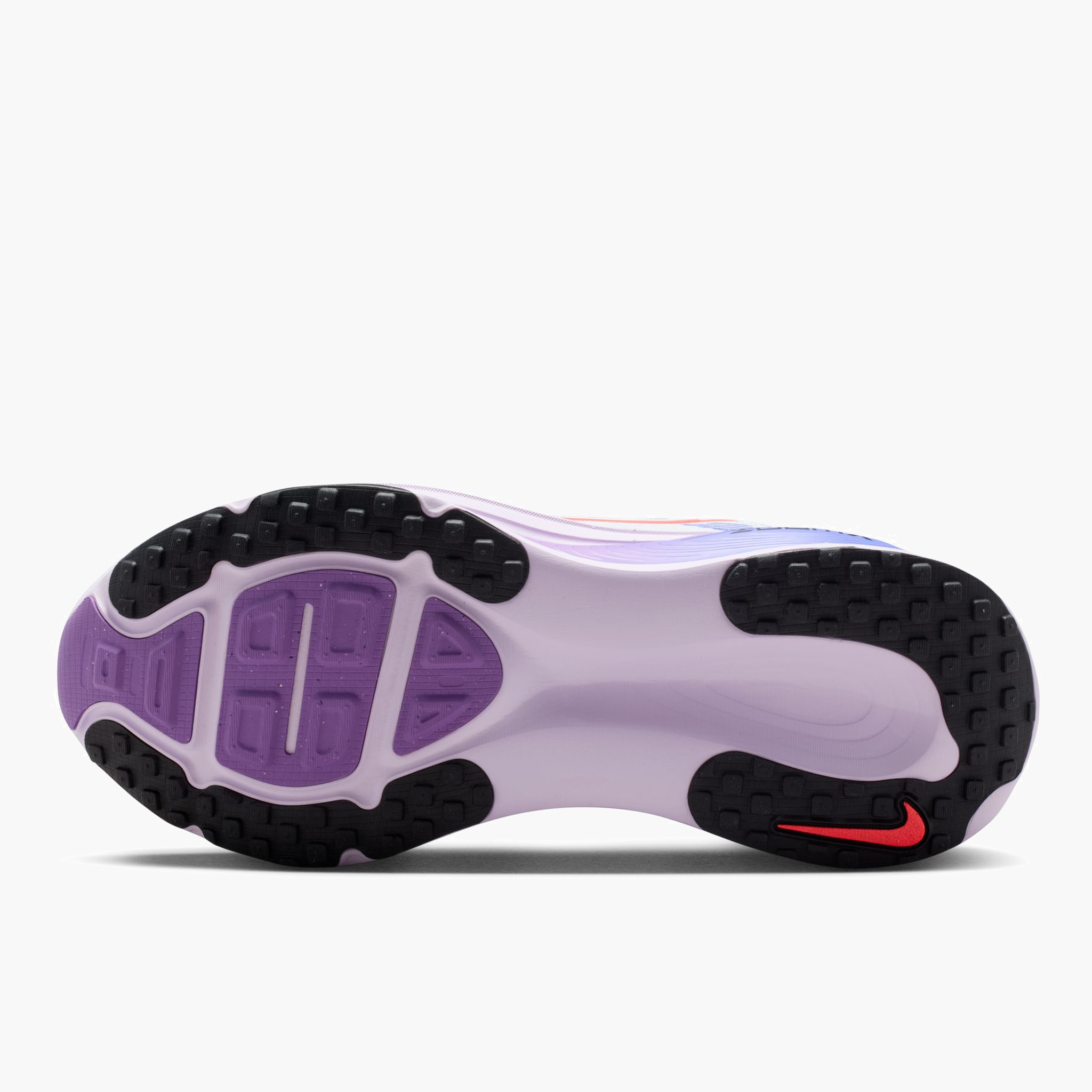 Sole angle shot of Women's Vomero 18 in White / Hot Lava-Violet Mist-Sapph