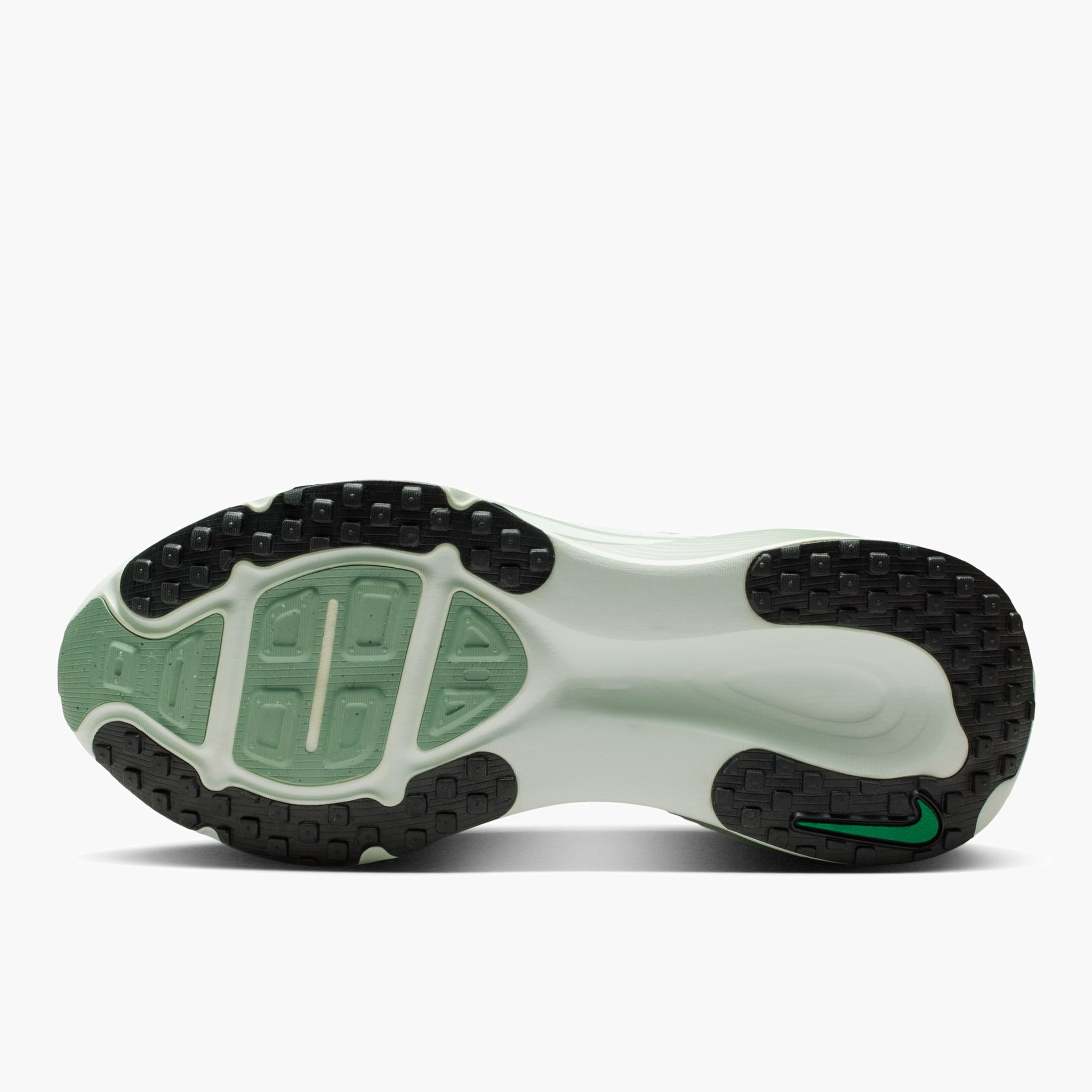 Sole angle shot of Women's Vomero 18 in Barely Green / Metallic Silver-Steam