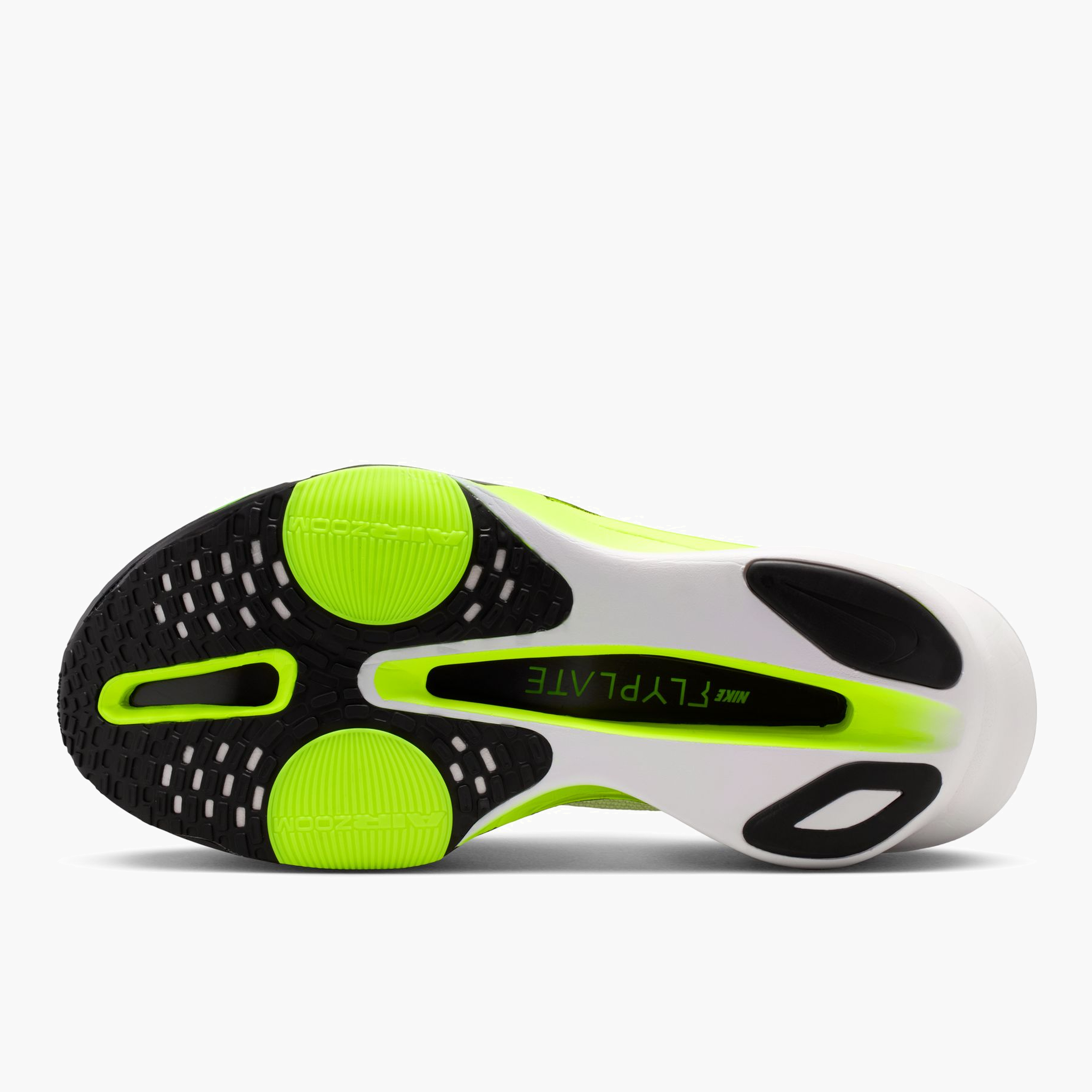 Sole angle shot of Men's Alphafly 3 in White / Black-Volt-Barely Volt
