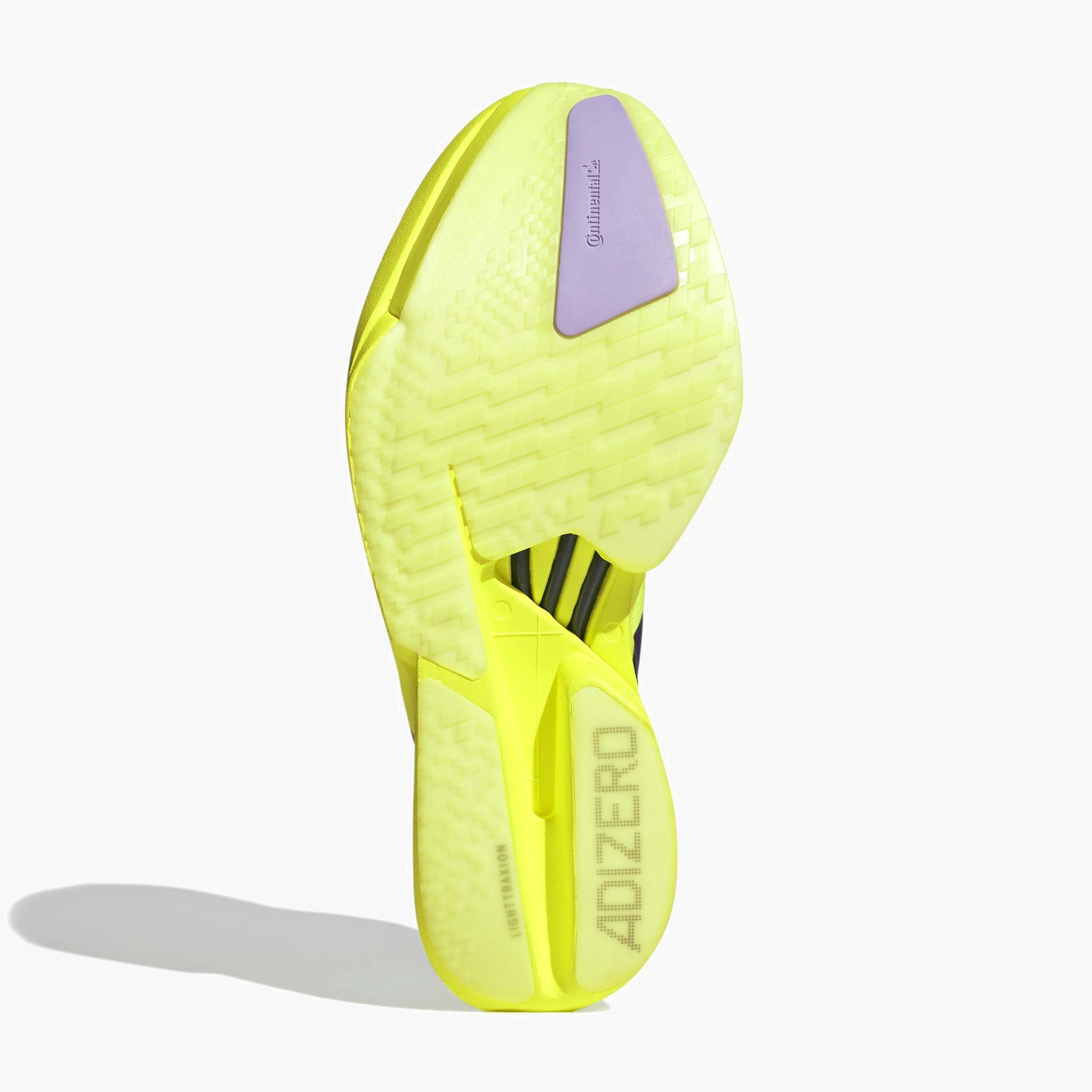 Sole angle shot of Men's Adios Pro 4 in Syello / Aurplu / Powplu